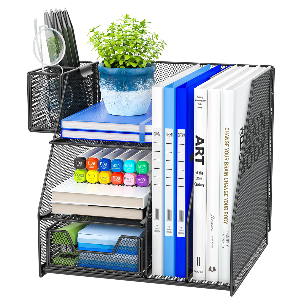 Auvo ADO03 Metal Mesh Desk Organizer with File Holder, 2-Tier Paper Letter Tray and one Drawer, 2 Pen Holders & 2 Vertical Magazine Holders for Office Supplies, Black