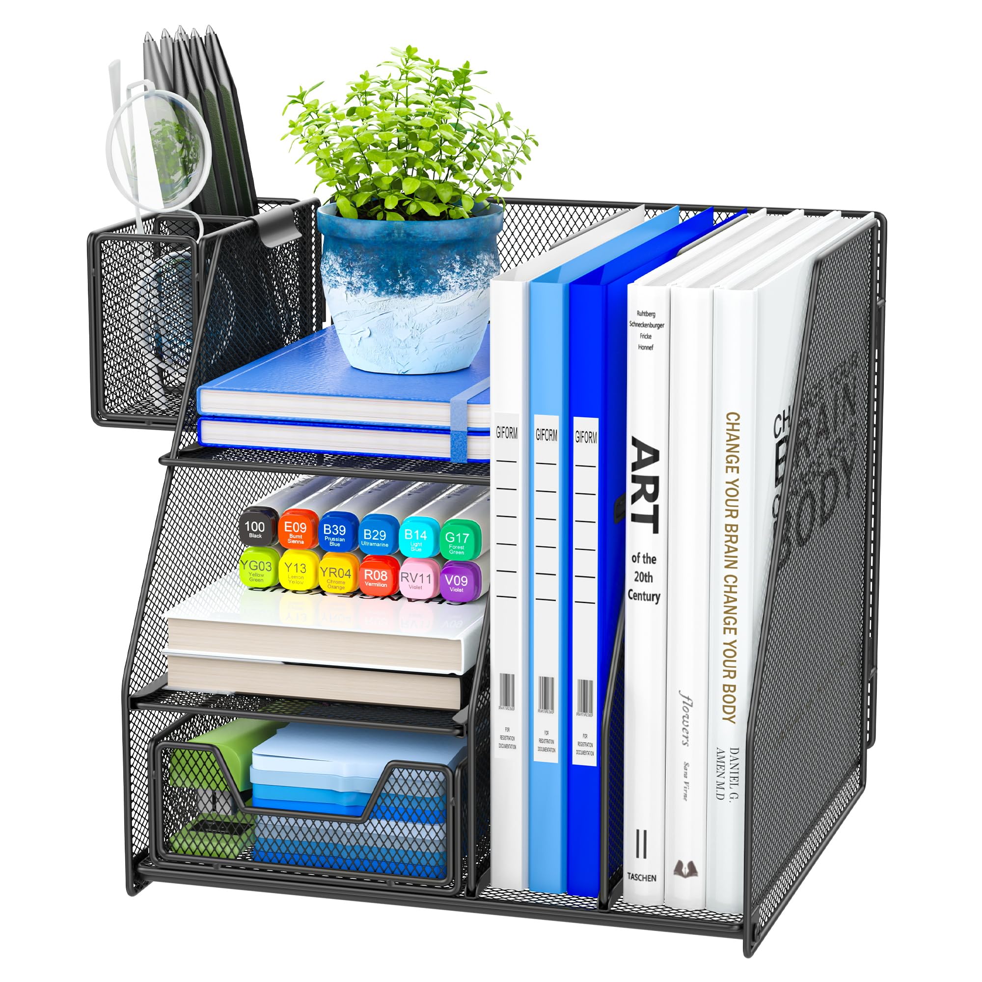 Auvo ADO03 Metal Mesh Desk Organizer with File Holder, 2-Tier Paper Letter Tray and one Drawer, 2 Pen Holders & 2 Vertical Magazine Holders for Office Supplies, Black