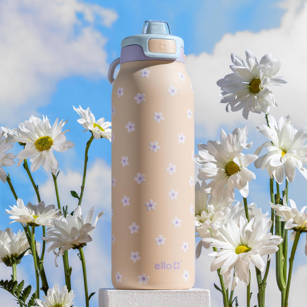 Ello Pop & Fill 32oz Stainless Steel Water Bottle with QuickFill Technology, Double Walled and Vacuum Insulated Metal, Leak Proof Locking Lid, Straw and Chug, Reusable, BPA Free, Gloss Daisies