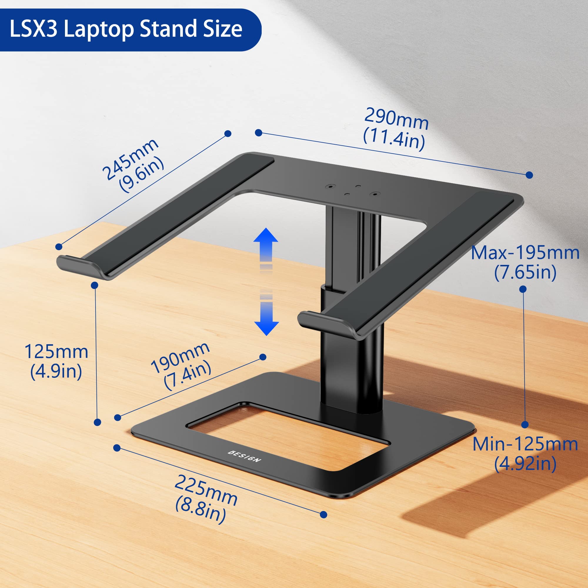 Besign LSX3 Aluminum Laptop Stand, Ergonomic Adjustable Notebook Stand, Riser Holder Computer Stand Compatible with Air, Pro, Dell, HP, Lenovo More 10-15.6" Laptops (Black)