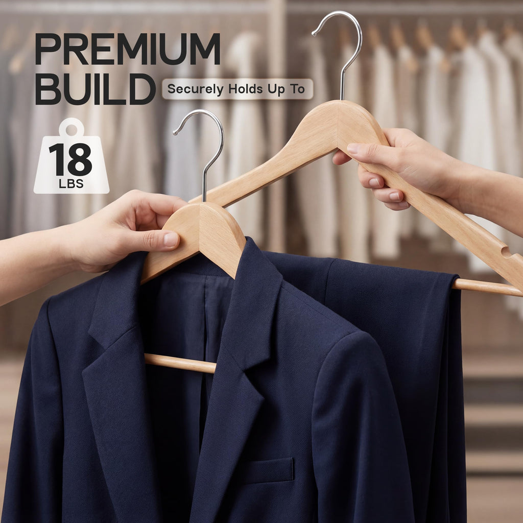 Beddora Wooden Hangers 30 Pack - 360 rotatable Swivel Hook Durable & Slim Lightweight with Shoulder Grooves - Wood Hanger for Clothes Coats Pants Suits Jackets in Natural