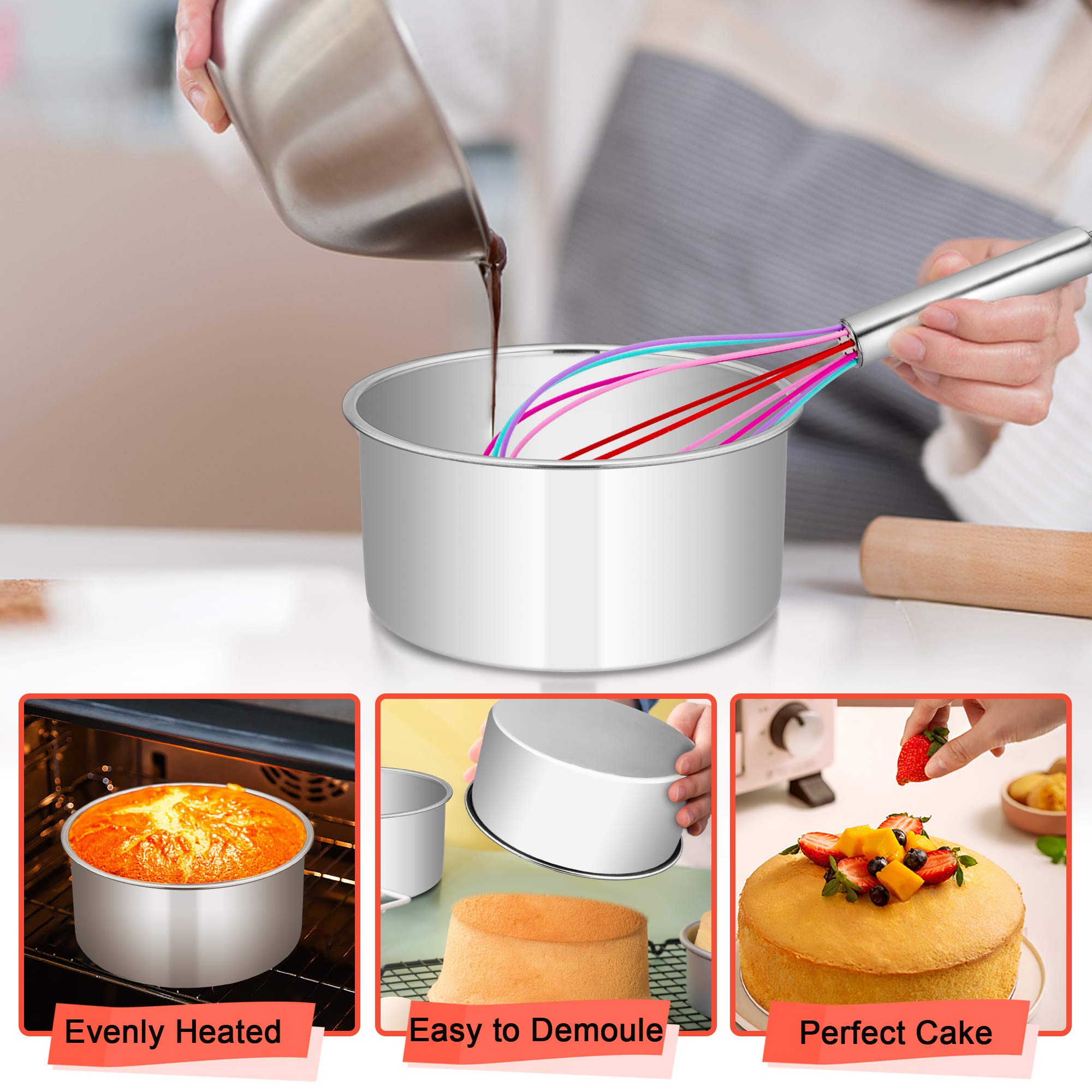 6 x 3 Inch Round Cake Pans, E-far Stainless Steel Deep Cake Baking Pan for Layer Cake Chiffon Cheesecake, Healthy Metal Cake Tin for Birthday Wedding Party, Straight Side & Dishwasher Safe - Set of 3