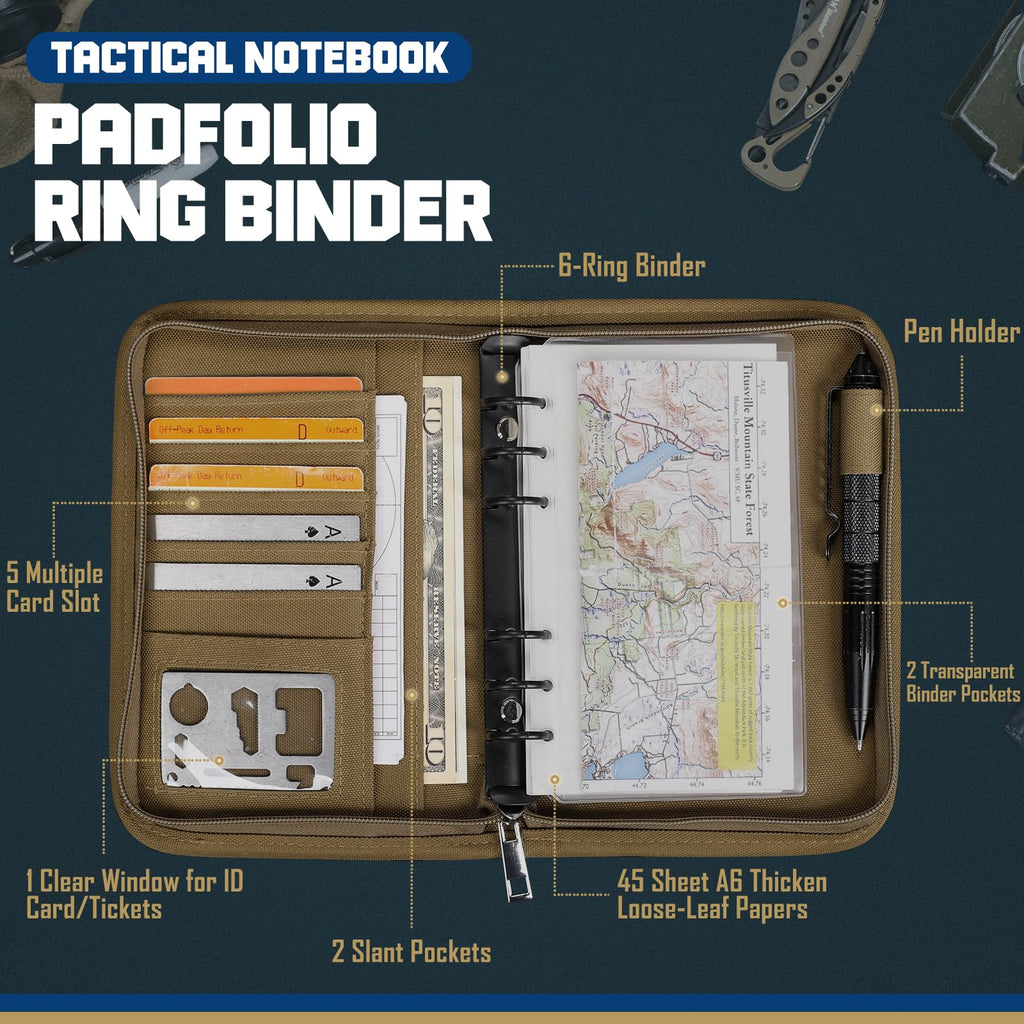 WYNEX Tactical Notebook Padfolio Ring Binders with 45 Sheets,Army Military Notebook Tactical Portfolio Binder with Zipper for Tactical Gear and Organizer, Refillable 6-Ring Binder（A6）