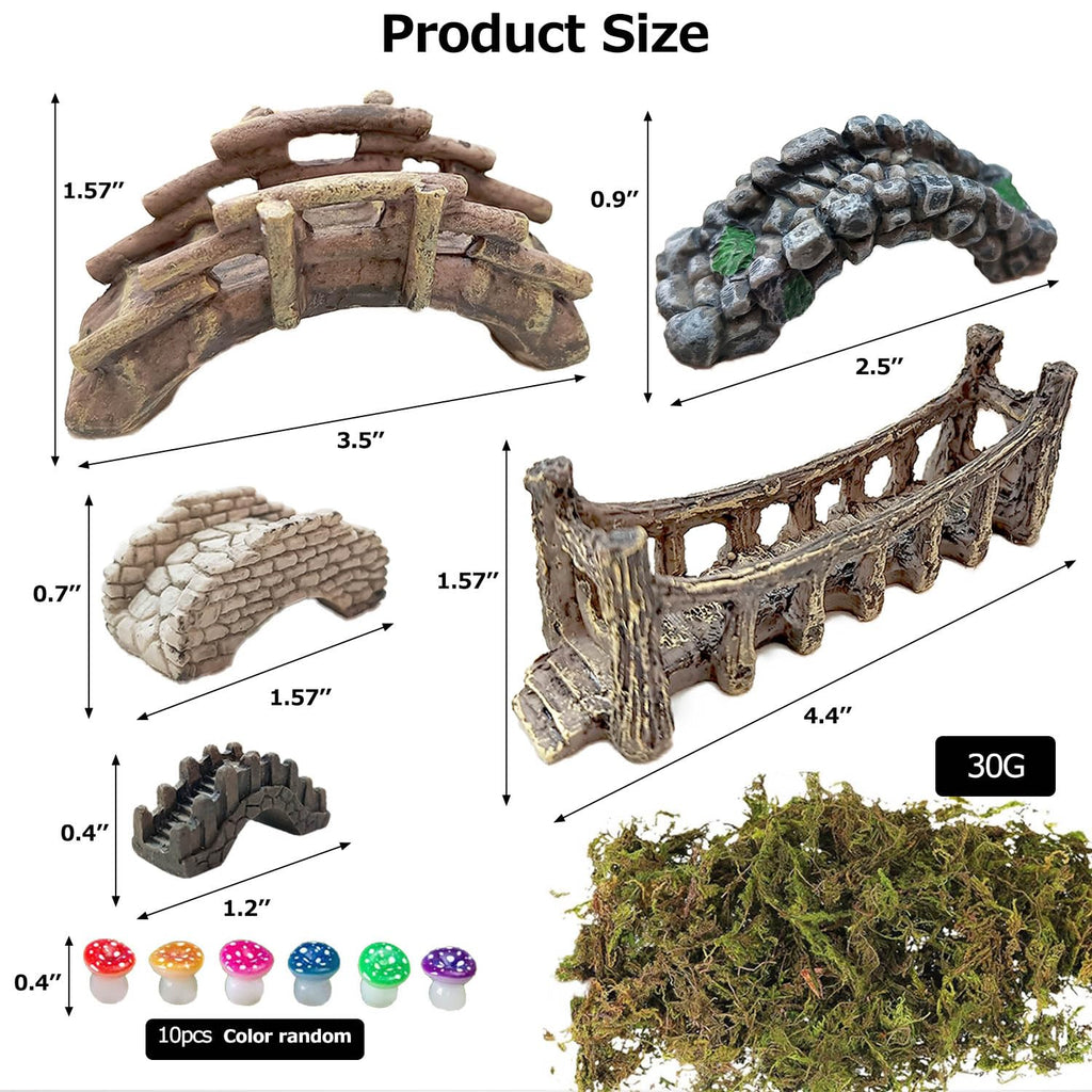 OrgMemory 5pcs Miniature Garden Accessories Set, DIY Landscape Bridge, Mini Pond Lawn Decor for Fairy Gardens, Terrariums, Model Train Scenes