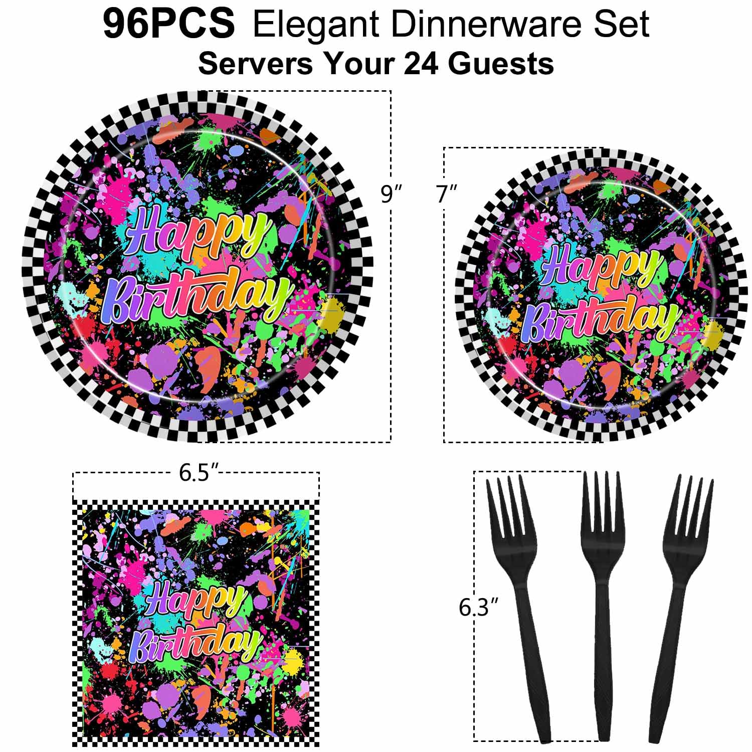 Joliaco 96 Pcs Neon Glow Birthday Party Tableware Set Colorful Graffiti Splatter Paint Disposable Paper Plates and Napkins Glow in the Dark Theme Party Supplies for 24 Guests