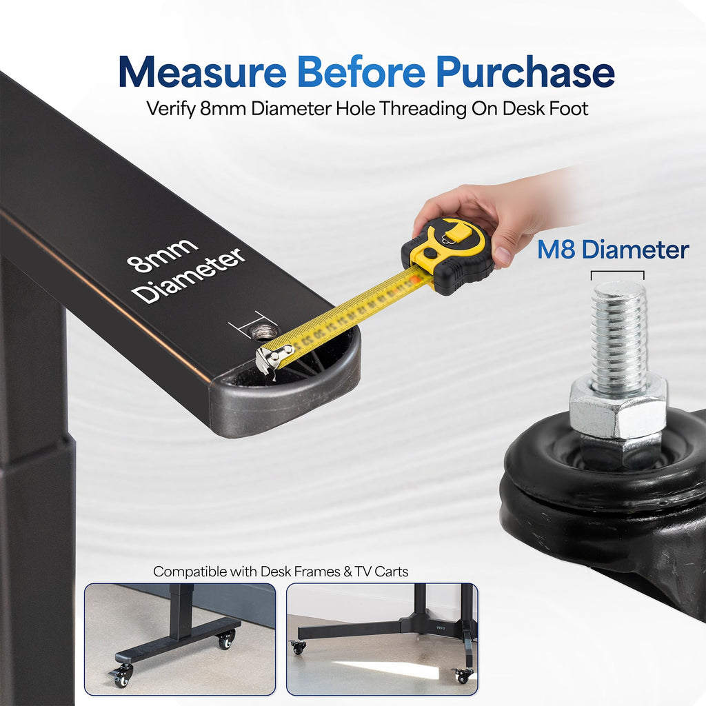 VIVO M8 Diameter Threaded Locking Caster Wheels, Set of 4, Swivel, Rubber Base, Brake, 1.5 inch Replacement Wheels for Standing Desk Frames, TV Stands, Carts, and More, PT-ST-015C
