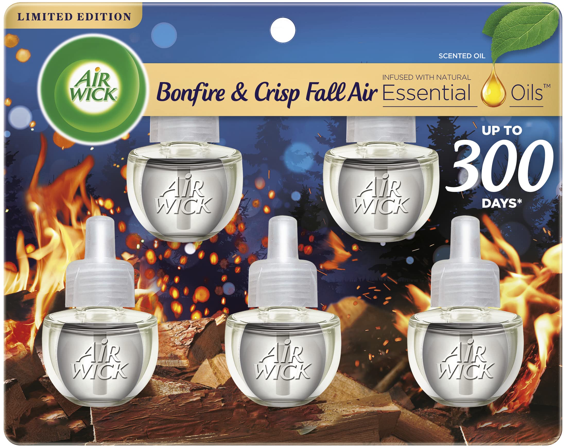 Air Wick Plug in Scented Oil 5 Refills, Bonfire and Crisp Fall Air, Essential Oils, Air Freshener