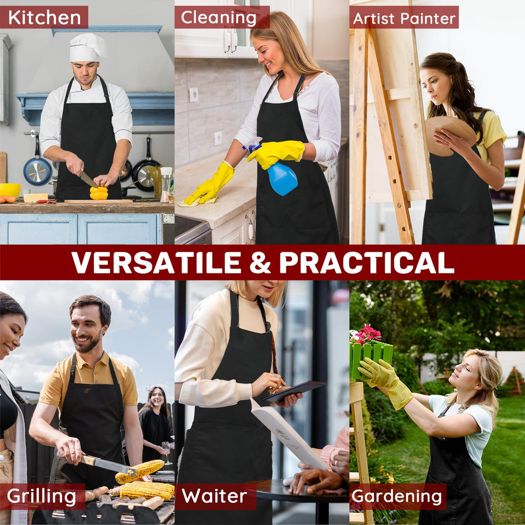 FunChaos 4 Pack Plus Size Chef Aprons, Large Kitchen Apron with 2 Pockets, Adjustable Waterproof Black Apron for Big Men and Women for Cooking, Baking, Cleaning, Gardening, BBQ