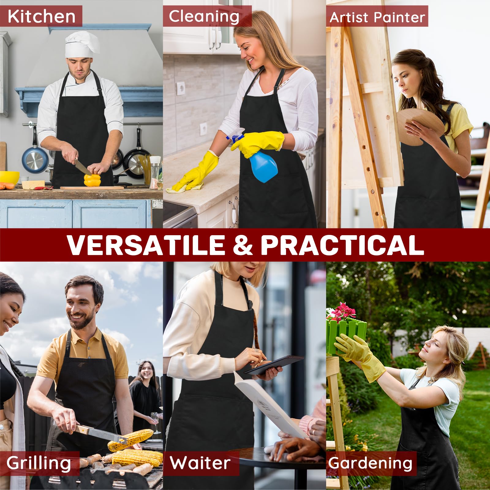 FunChaos 4 Pack Plus Size Chef Aprons, Large Kitchen Apron with 2 Pockets, Adjustable Waterproof Black Apron for Big Men and Women for Cooking, Baking, Cleaning, Gardening, BBQ