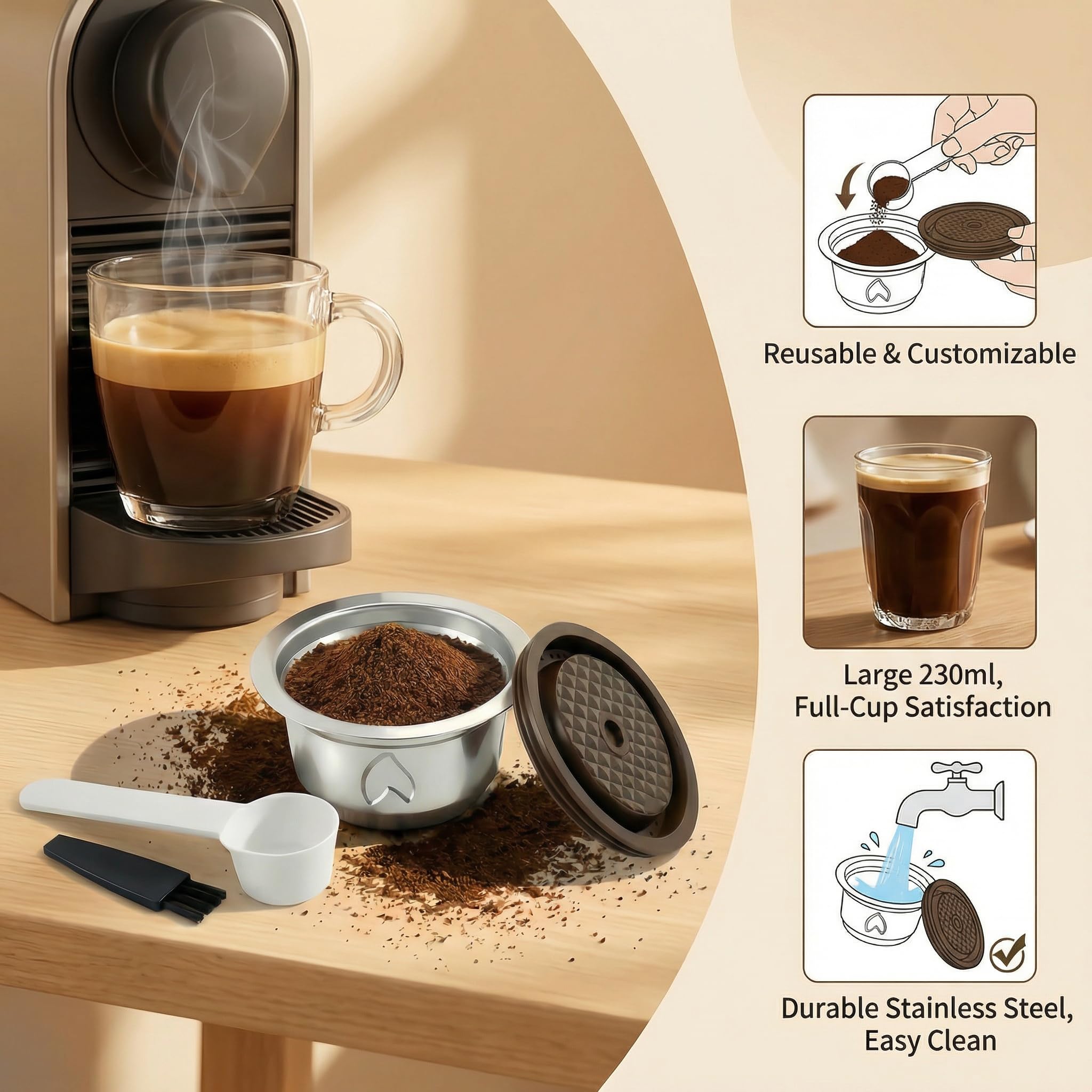 Reusable Coffee Pods for Nespresso Vertuo Machine (Compatible with Vertuo Next/Pop), 230ml Stainless Steel Refillable Coffee Capsule Set - Nespresso Accessories for Home & Office