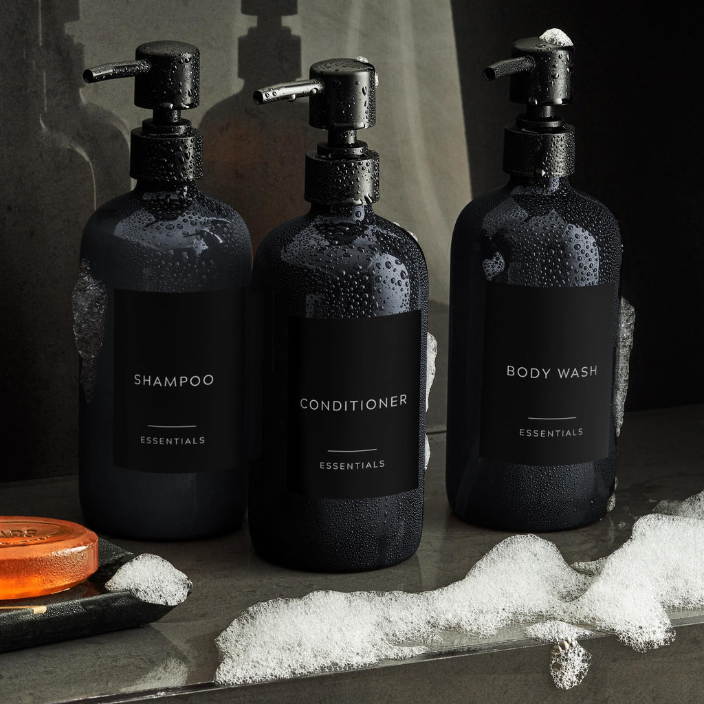 Stylish Shampoo and Conditioner Dispenser Set of 3 - Modern 21oz Shower Soap Bottles with Pump and Labels - Easy to Refill Body Wash Dispensers for an Instant Bathroom Decor Upgrade - Black