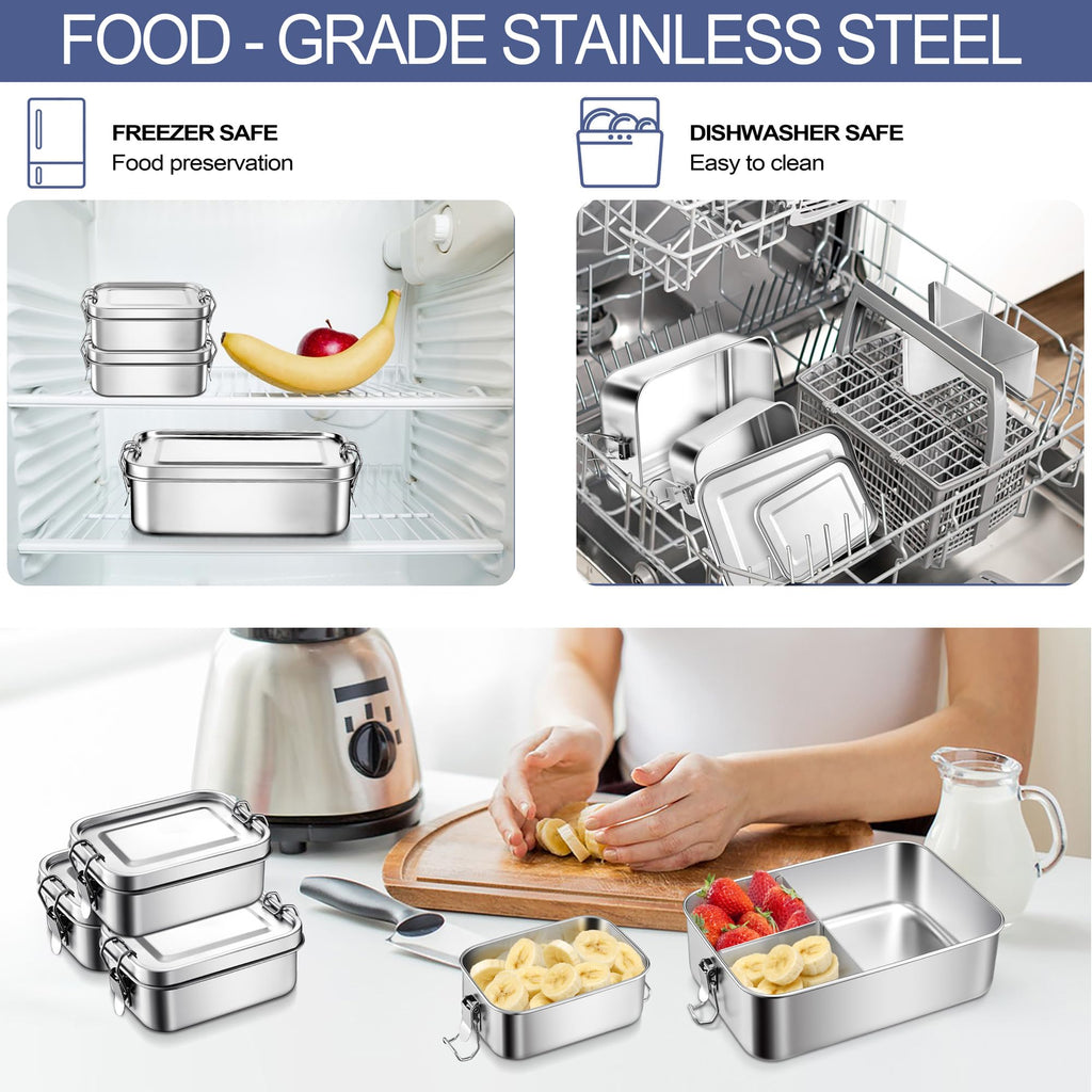 E-far 4 Pieces Stainless Steel Bento Box, Mini 550ml Metal Lunch Box, 18.6oz Leak-Proof Food Snack Container with Lids, Reusable Meal Storage for Camping Picnic Travel Work