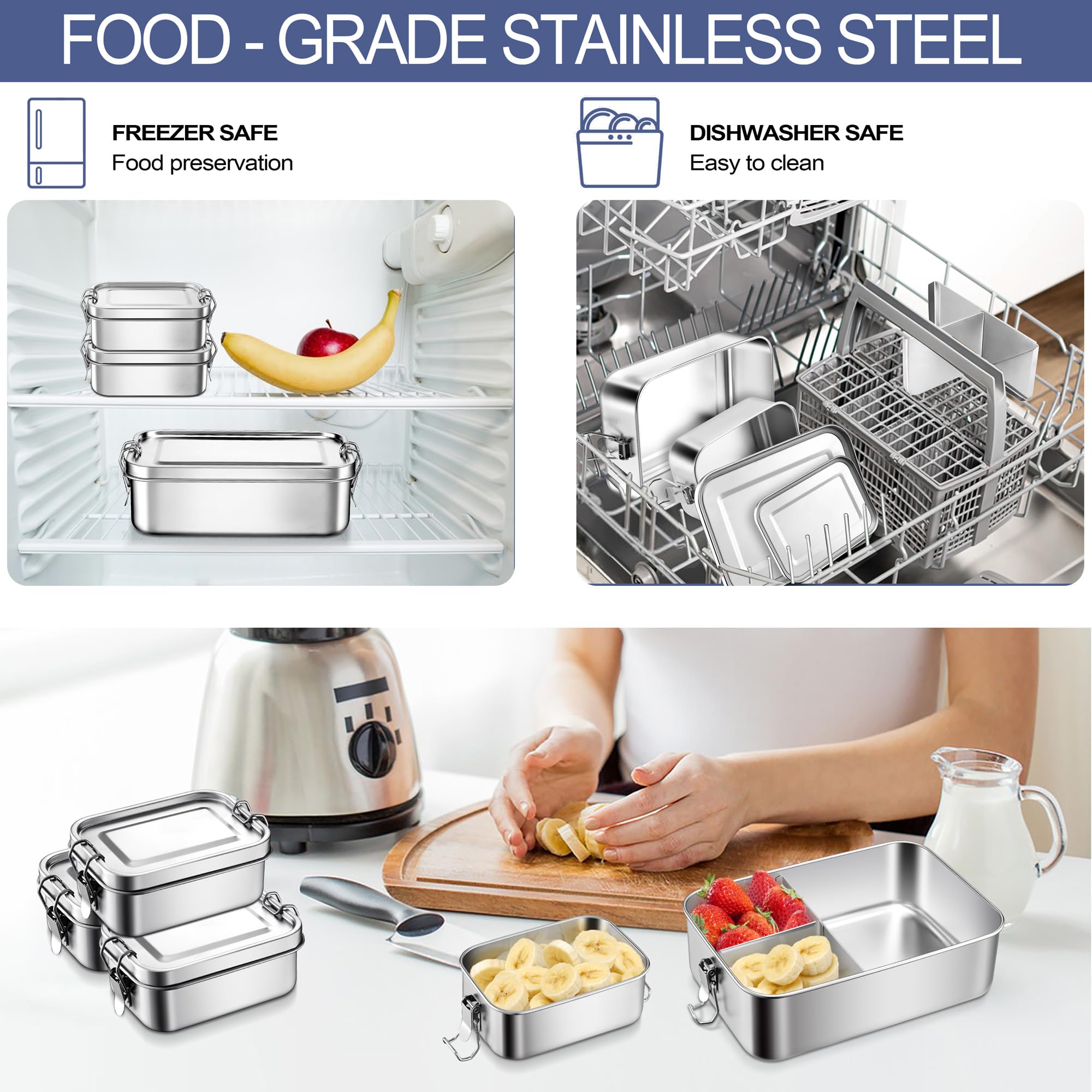 E-far 4 Pieces Stainless Steel Bento Box, Mini 550ml Metal Lunch Box, 18.6oz Leak-Proof Food Snack Container with Lids, Reusable Meal Storage for Camping Picnic Travel Work