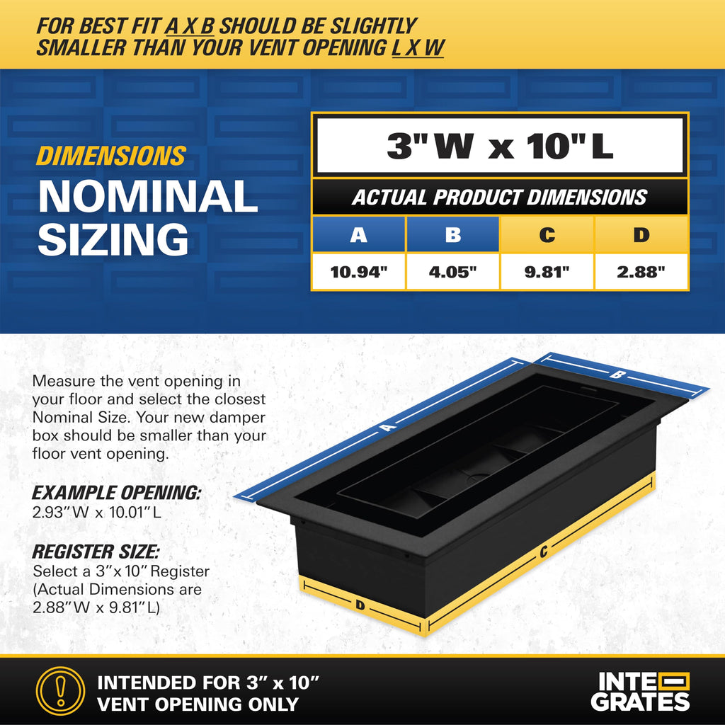 Inte-Grates Drop-In Matching Floor Register - 3x10 Inch Floor Vent Cover, Fits 3"x10" Floor Vent Opening, Matching Flooring Insert Tray, Airflow Control Lever, Textured Black (IGFPD310-BLK)