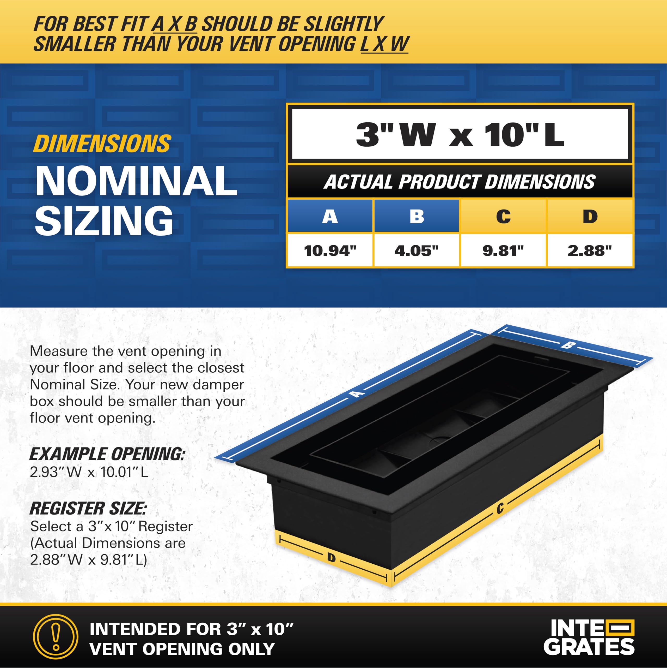 Inte-Grates Drop-In Matching Floor Register - 3x10 Inch Floor Vent Cover, Fits 3"x10" Floor Vent Opening, Matching Flooring Insert Tray, Airflow Control Lever, Textured Black (IGFPD310-BLK)