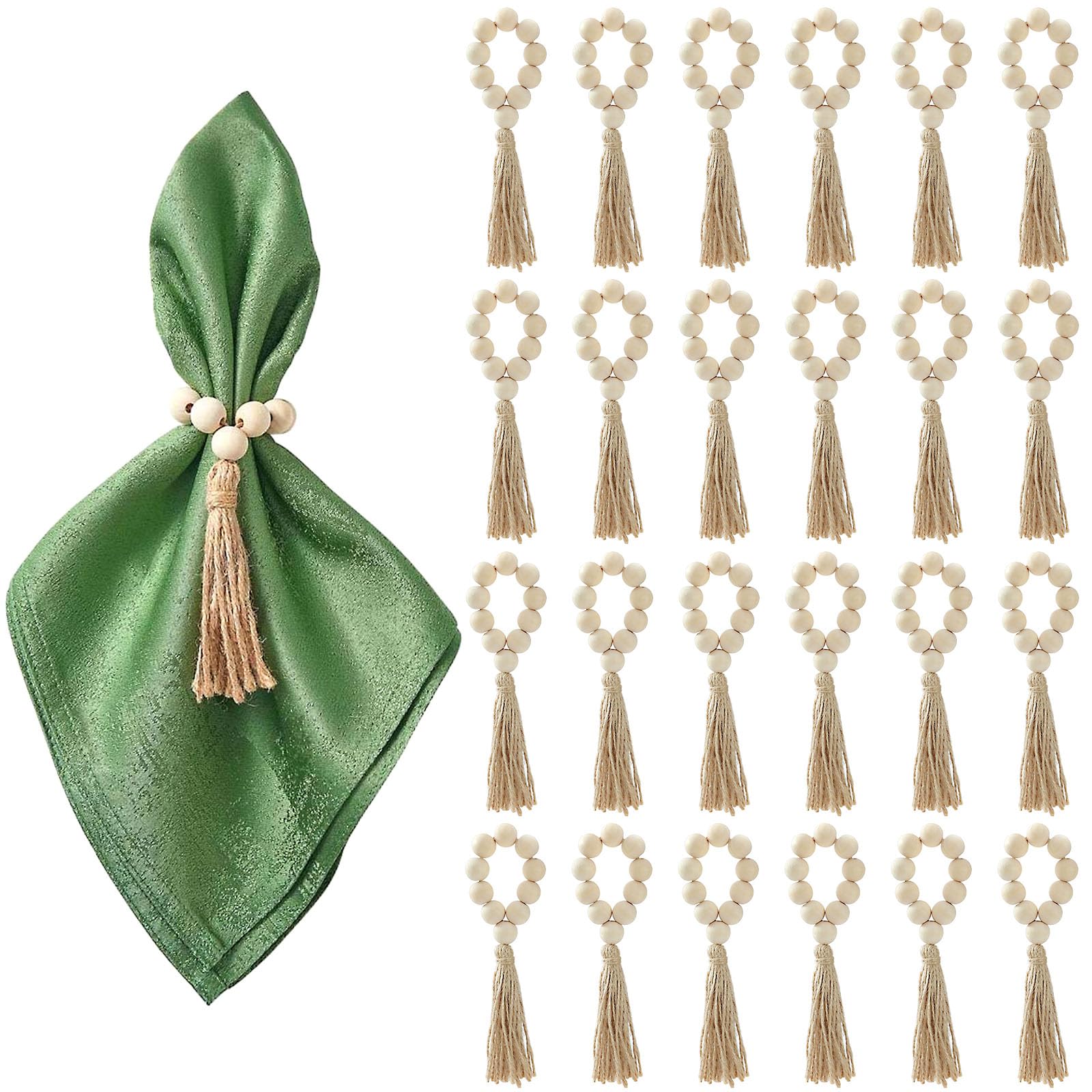 Supkiir 24 Pcs Wood Bead Napkin Rings, Bohemian Napkin Rings Wooden Napkin Ring Rustic Style Table Decor for Wedding Party Home Decoration