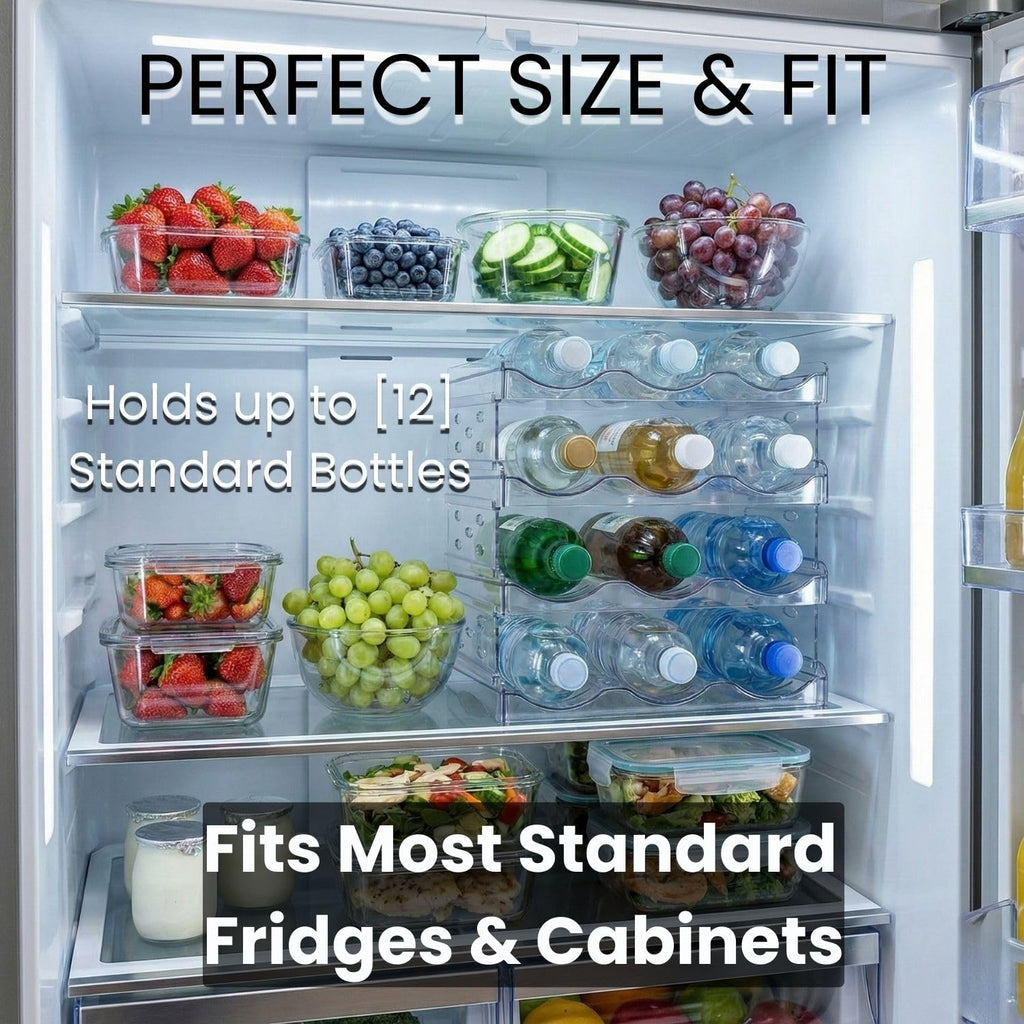 Water Bottle Organizer for Fridge –Versatile Stackable Water Bottle Holder & Storage Rack for Pantry, Cabinet, Counter or Water Bottle Organizer for Kitchen & RV Includes Two Cleaning Towels