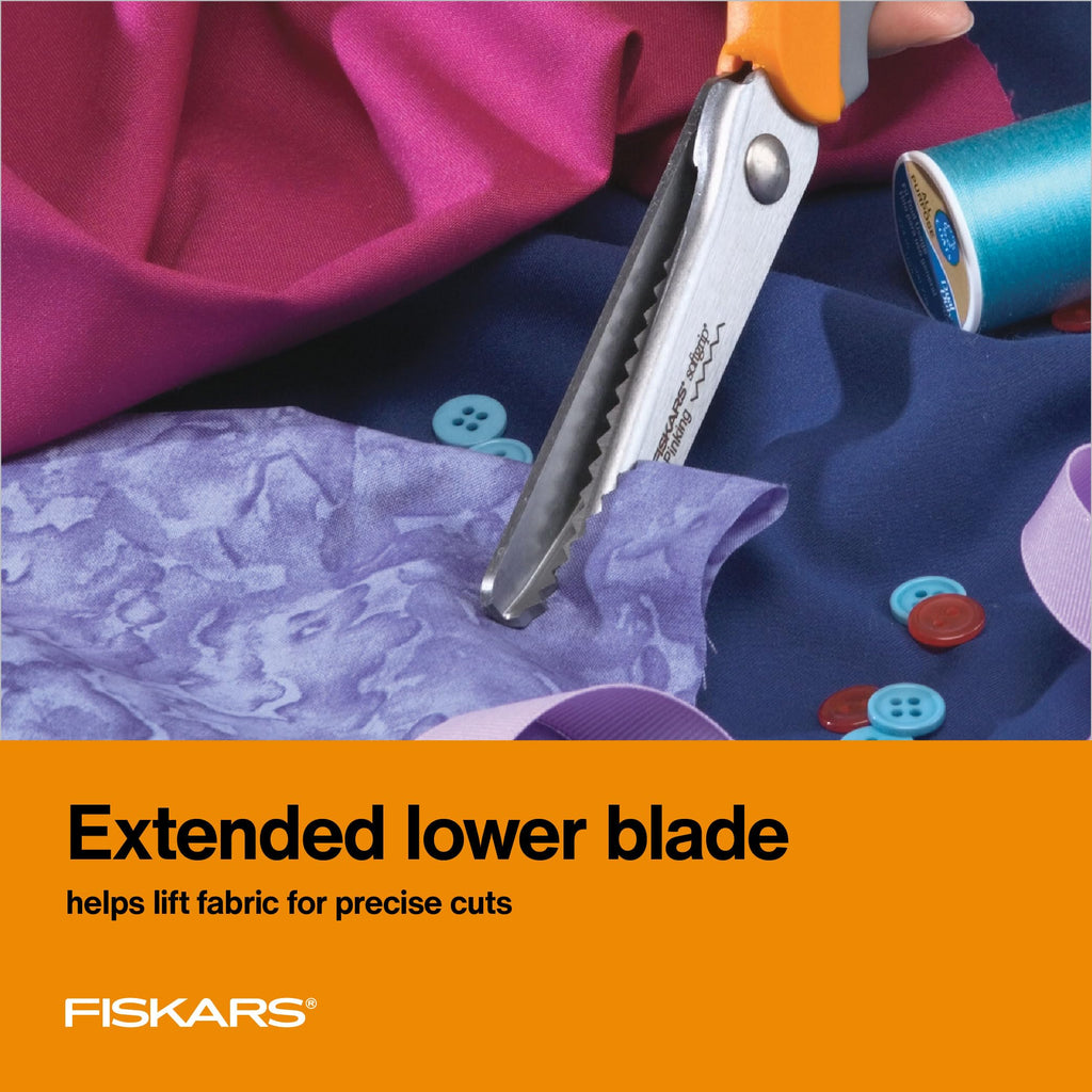 Fiskars SoftGrip Pinking Shears, 8 Inch Fabric Scissors for Sewing and Quilting, Zigzag Edge to Reduce Fraying, Ergonomic Bent Handle, Orange/Gray