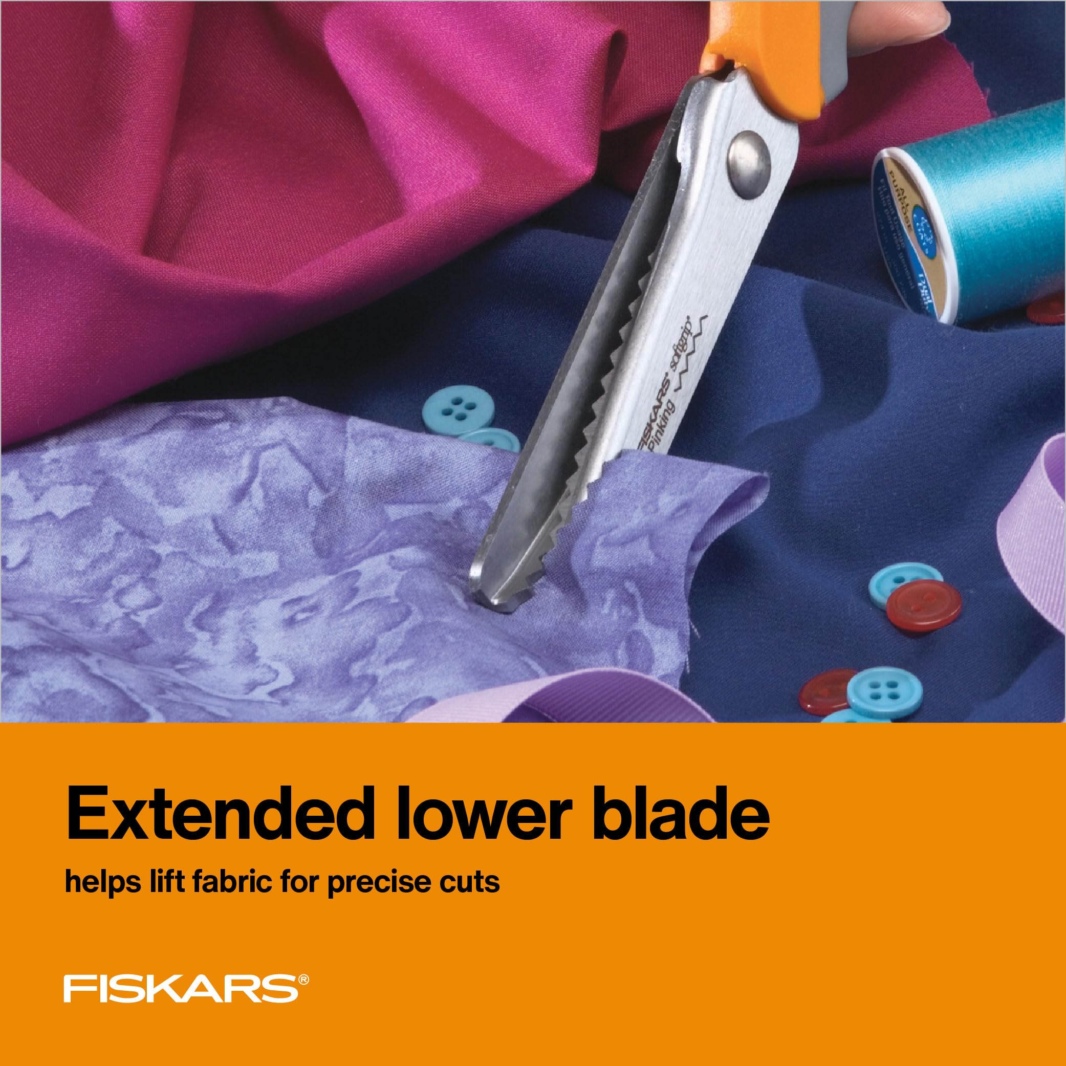 Fiskars SoftGrip Pinking Shears, 8 Inch Fabric Scissors for Sewing and Quilting, Zigzag Edge to Reduce Fraying, Ergonomic Bent Handle, Orange/Gray