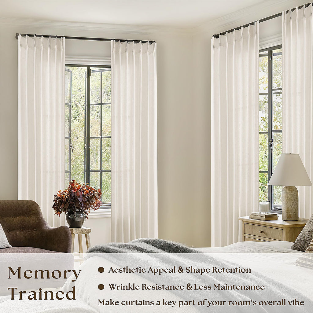 Natural Pinch Pleated Linen Curtains 96 Inches Long for Living Room Pleat Drapes Hooks Rings Back Tab Neutral Cream Ivory Semi Sheer Pleated Curtain 96 Inch Length for Bedroom Dining Office 1 Panel