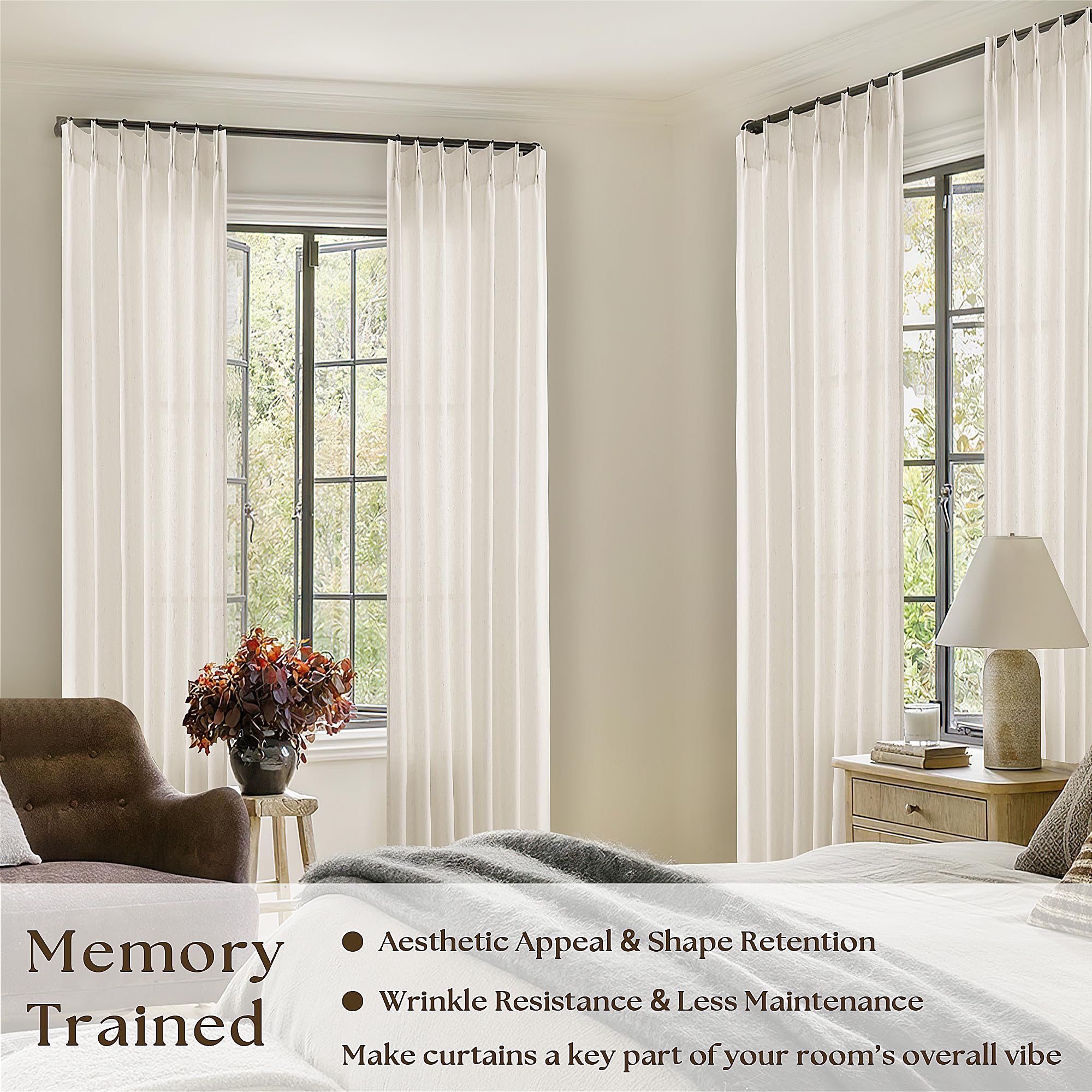 Natural Pinch Pleated Linen Curtains 96 Inches Long for Living Room Pleat Drapes Hooks Rings Back Tab Neutral Cream Ivory Semi Sheer Pleated Curtain 96 Inch Length for Bedroom Dining Office 1 Panel