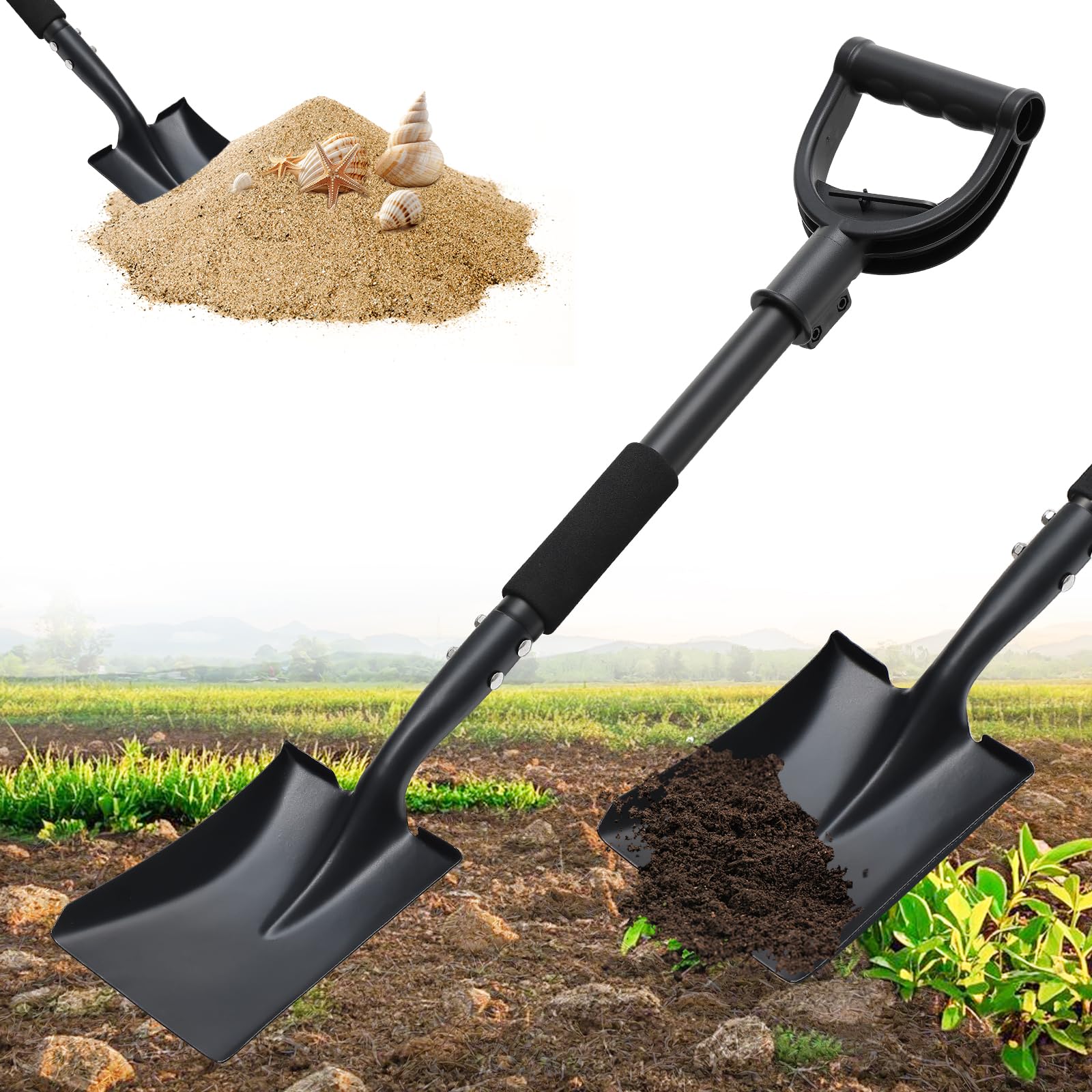 Garden Flat Shovel, 31 Inch Small Metal Square Shovel for Lawn Edging Digging Trenching Transplanting, Heavy Duty Compact Gardening Spade with D Handle for Beach Sand, Kids, Car, Light Work