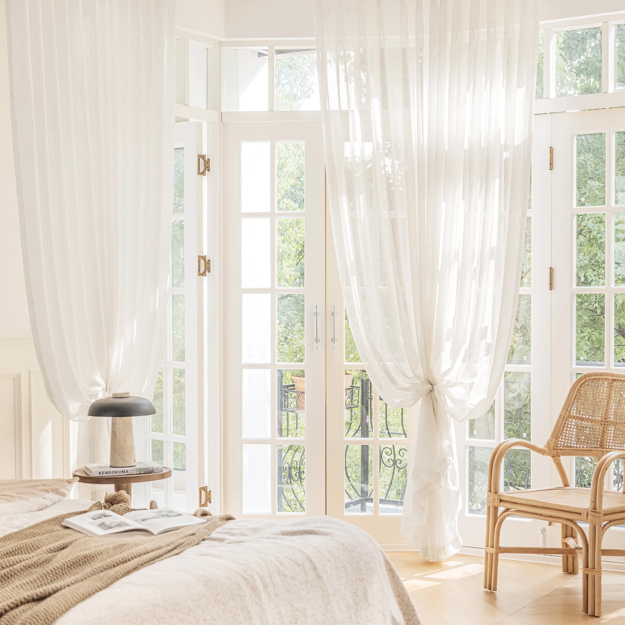 FMFUNCTEX Flax Linen Sheer Curtains for Living Room, Natural Curtains 84 Inches Long for Bedroom, Farmhouse Country Rustic Curtains Semi Sheer Drapes Rod Pocket Window Curtains 2 Panels Beige
