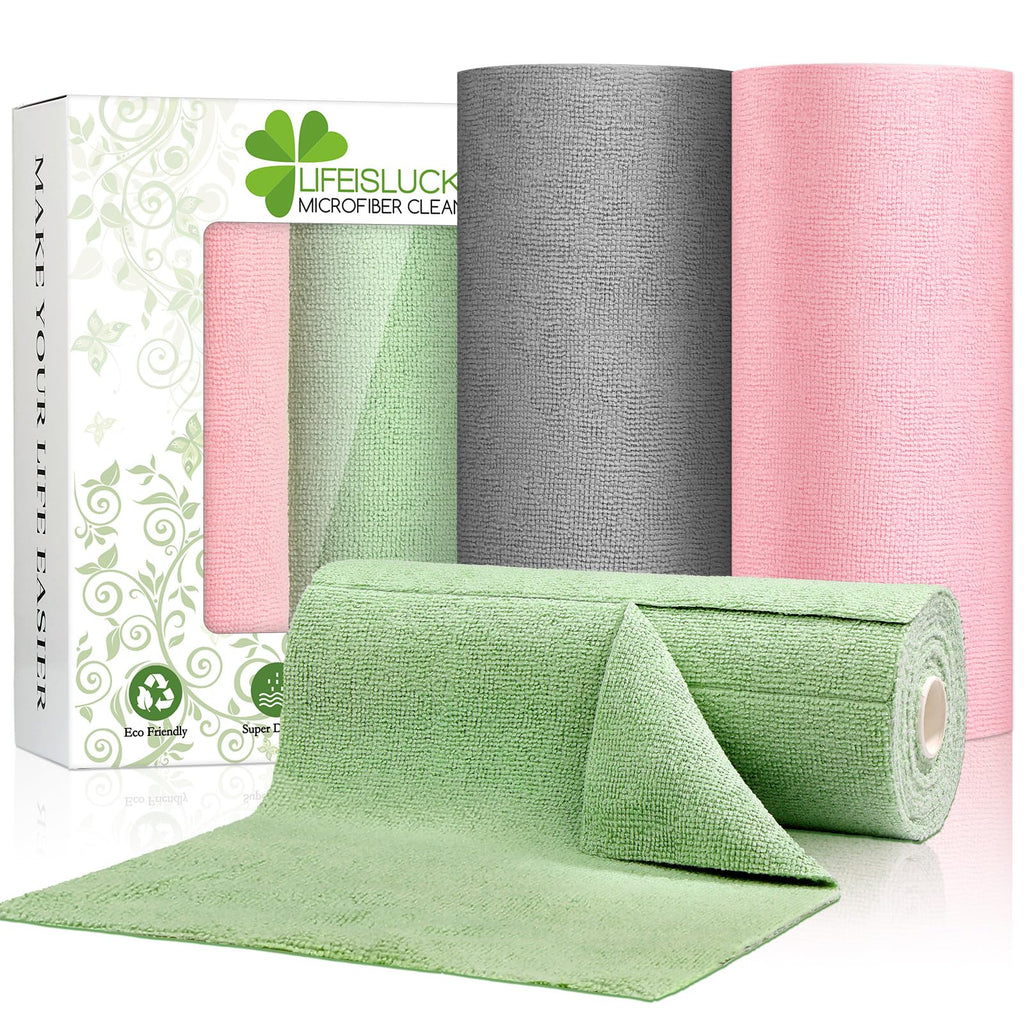3 Colors Microfiber Cleaning Cloth Roll, 84 Pack Tear Away Towels Rags Cleaning Cloths Reusable Paper Roll Washable Microfiber Towels for Car House Drying Dishes Kitchen Garage