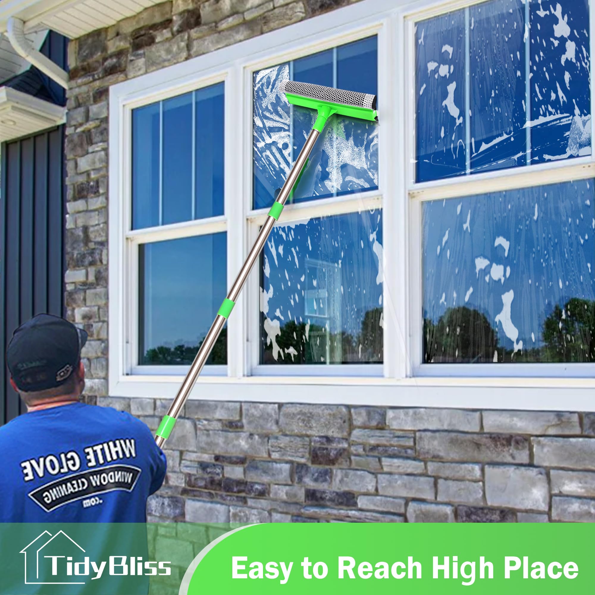 TidyBliss Window Cleaning Tools with Extension Pole 56”, Professional Car Windshield Washing Squeegee Kit, Household Glass Cleaner Sponge Scrubber for Mirror Home Outdoor (Green)