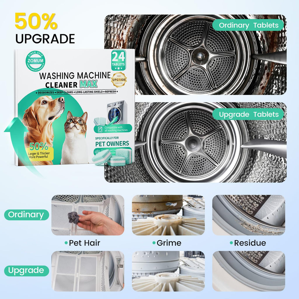 Upgrade Washing Machine Cleaner Tablets - 50% Stronger Formula: 24 Pack - 12 Month Supply, Specially for Pet Owners to Easy Pet Hair Remover for Laundry, Compatible with HE, Top & Front Load