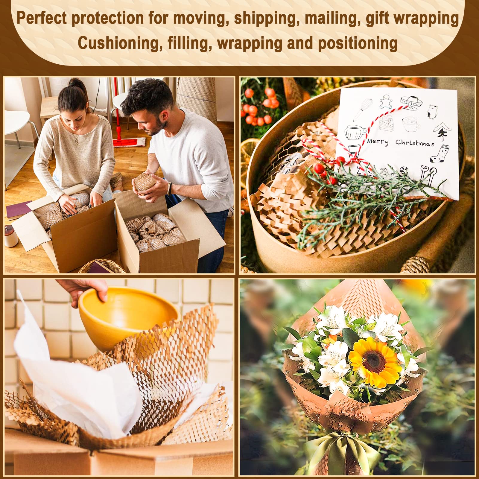 Honeycomb Packing Paper, 204' x 15" Recyclable Cushion Packing Paper for Moving Shipping Packaging Breakables, Eco Friendly Bubble Wrap Alternative Roll Kraft Honeycomb Paper with 20 Fragile Stickers