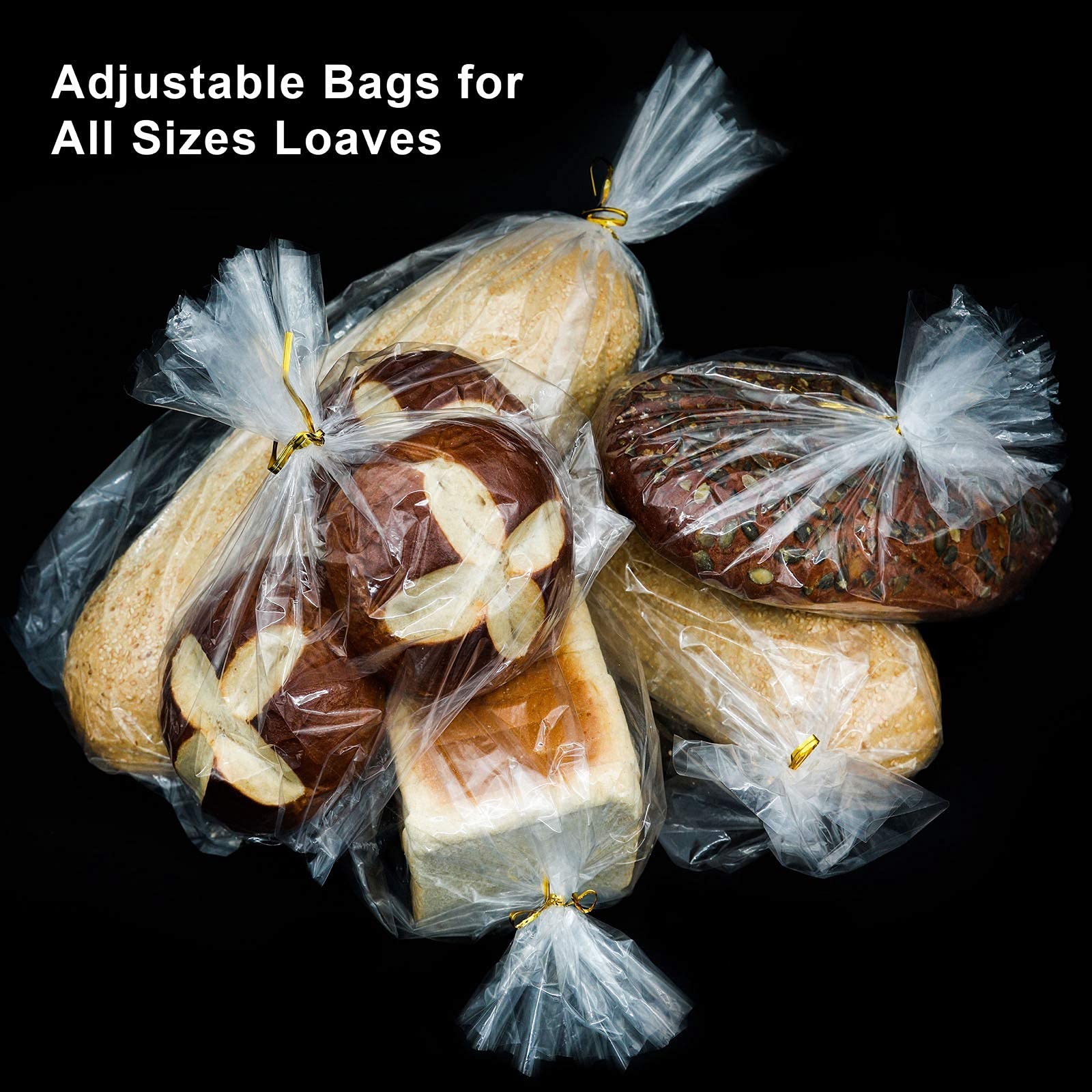 Bread Bags with Ties, Reusable, Clear Bags and Ties, Bread Bags For Homemade Bread And Bakery Loaf Adjustable Reusable (100)