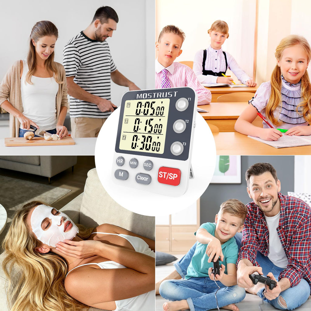 MOSTRUST Digital Dual Kitchen Timer, 3 Channels Count UP/Down Timer, Cooking Timer, Large Display Triple Timer, Loud Volume Alarm and Flashing Light with Magnetic Back, Stand, Battery Included (M318)