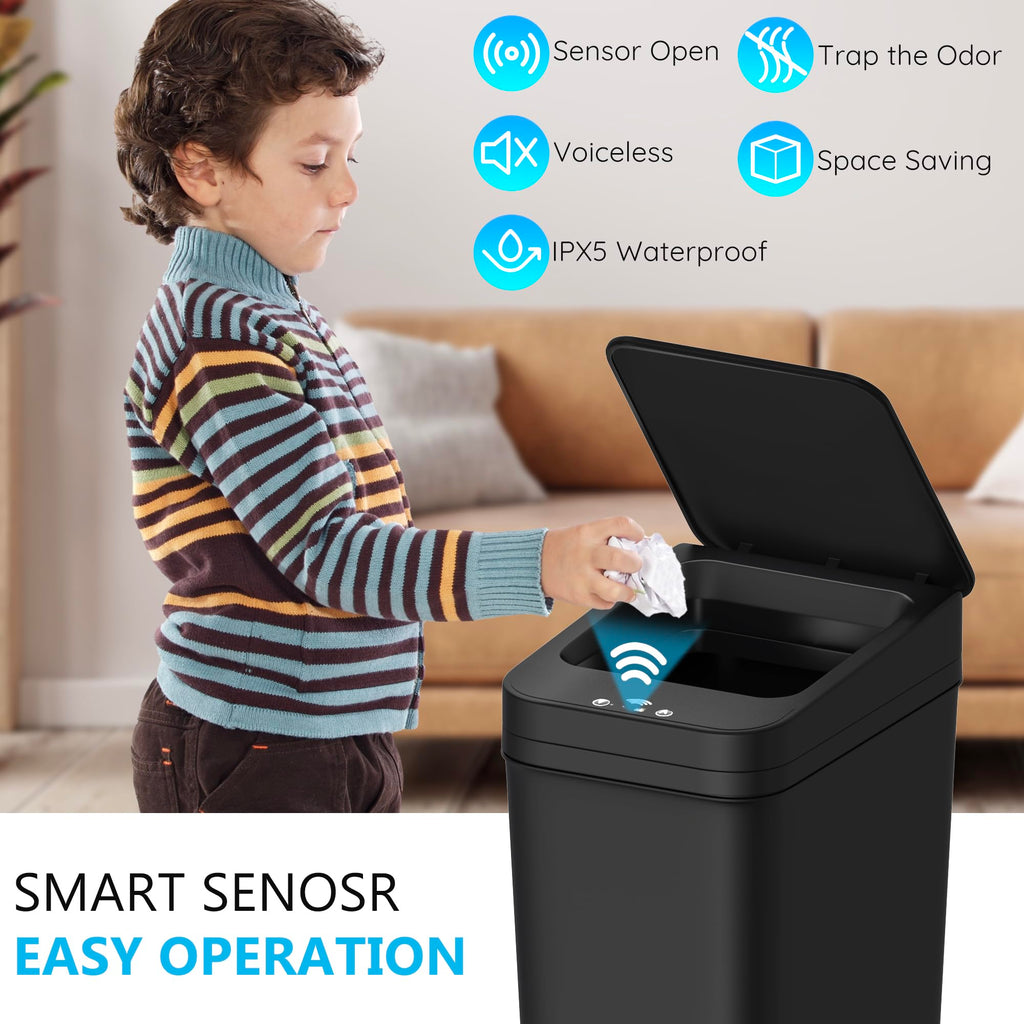 Bathroom Trash Can with Lid Touchless Automatic Garbage Can, 2.6 Gallon Slim Waterproof Motion Sensor Smart Trash Can, Small Plastic Trash Bin for Bedroom, Living Room