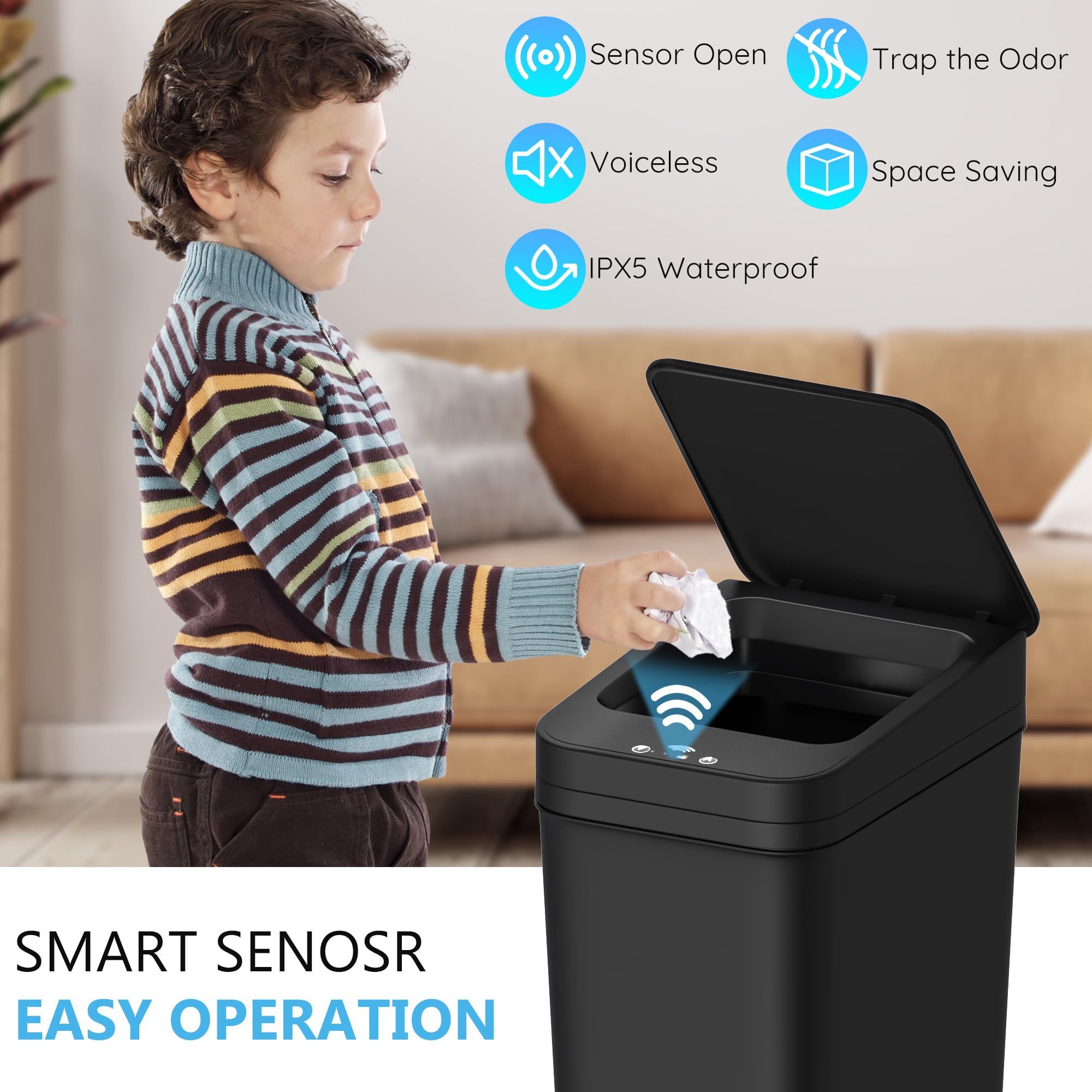 Bathroom Trash Can with Lid Touchless Automatic Garbage Can, 2.6 Gallon Slim Waterproof Motion Sensor Smart Trash Can, Small Plastic Trash Bin for Bedroom, Living Room