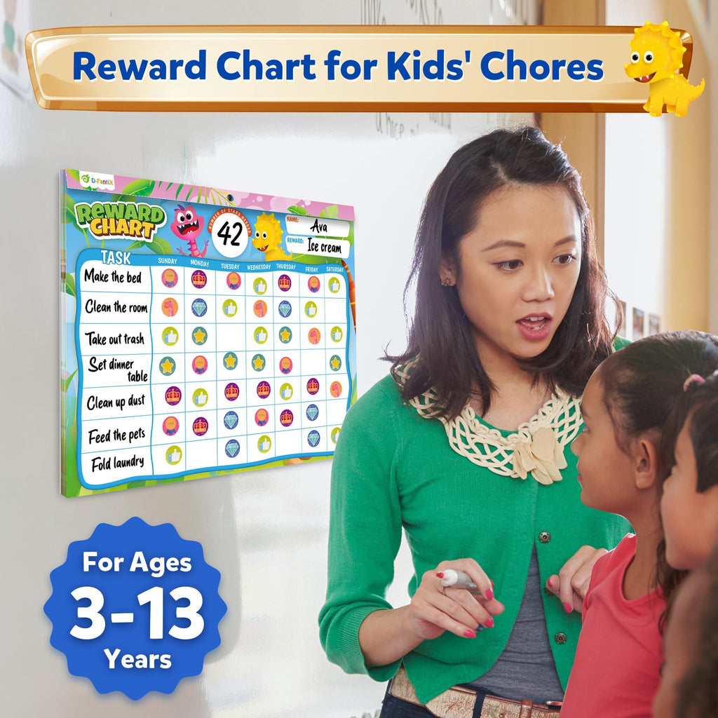 D-FantiX Behavior Reward Chart System - Pad with 27 Chore Chart for Multiple Kids, Reward Sticker Charts to Motivate Responsibility and Good Behavior, 2280 Reward Stickers & 48 Incentive Stickers