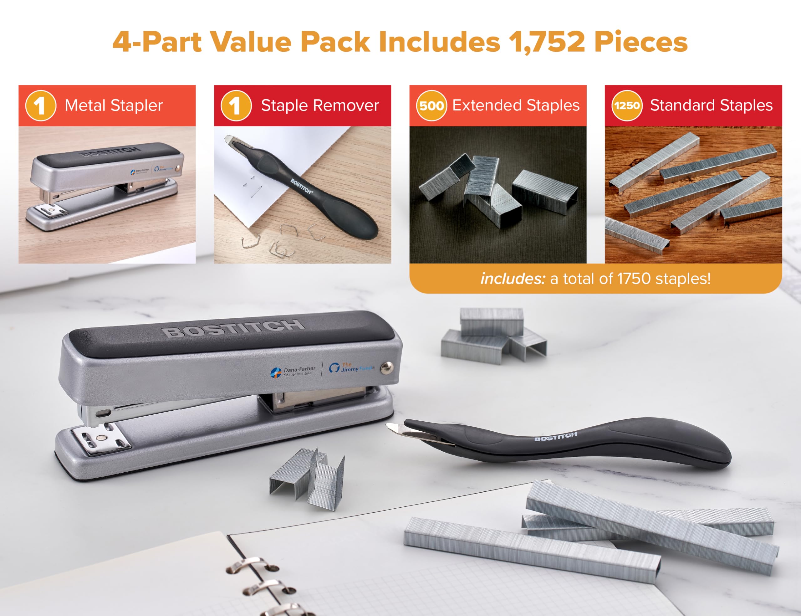 Bostitch Titan Heavy Duty Metal Stapler, 50 Sheet Capacity with 1250 Staples and Ergonomic Staple Remover, Jam Free Stapling, Full Strip Stapler for Desk, Office and Classroom, Silver