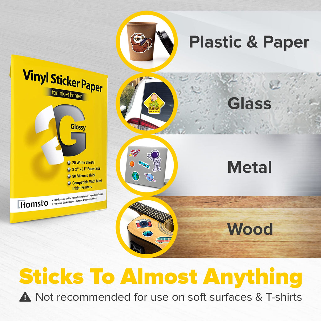 Vinyl Sticker Paper, Glossy Printable Sticker Paper for Inkjet Printer, Quick Drying, Water Resistant, Scratch Resistant, Sticks to Most Surfaces, 8.5 x 11 Inches, 40 Sheets