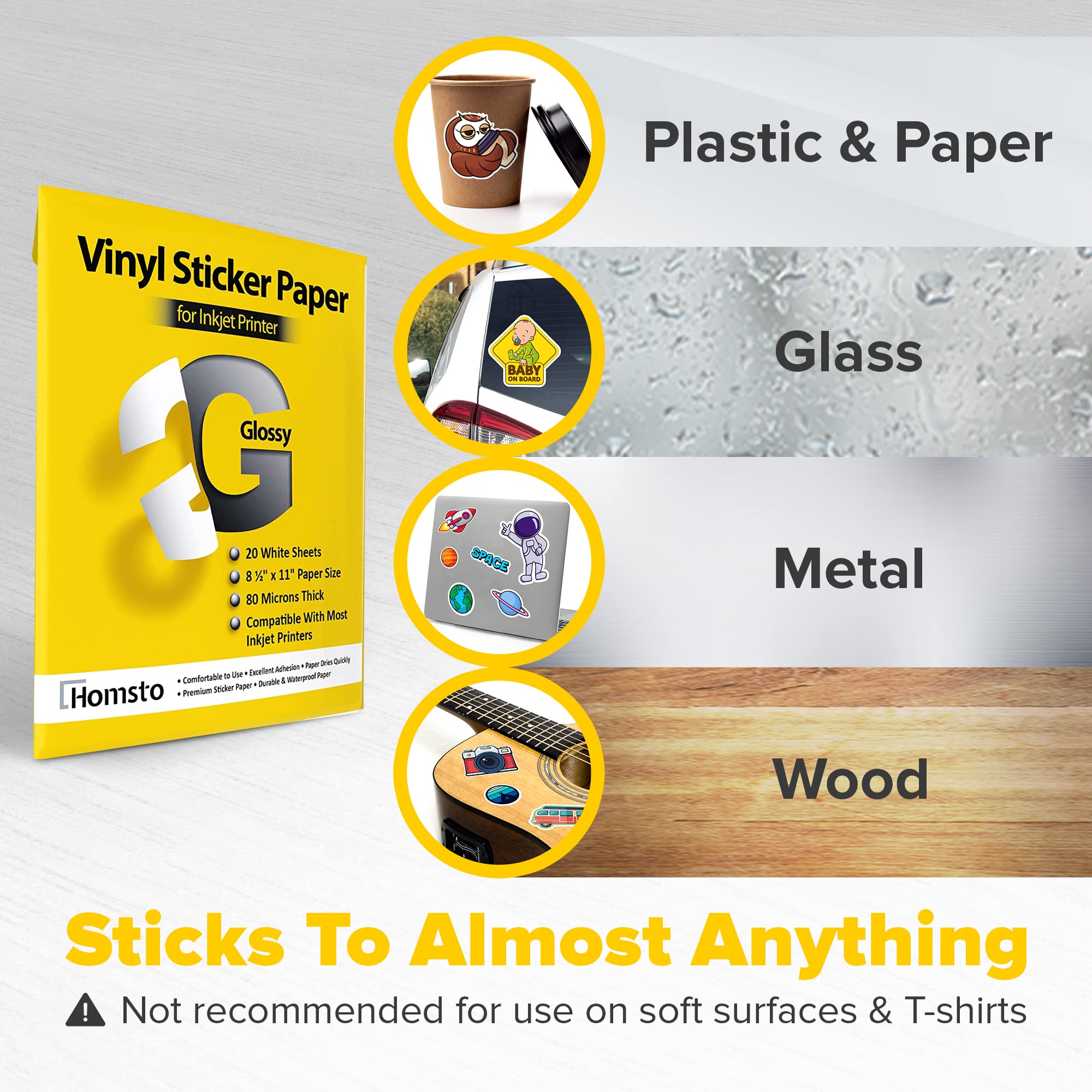 Vinyl Sticker Paper, Glossy Printable Sticker Paper for Inkjet Printer, Quick Drying, Water Resistant, Scratch Resistant, Sticks to Most Surfaces, 8.5 x 11 Inches, 40 Sheets