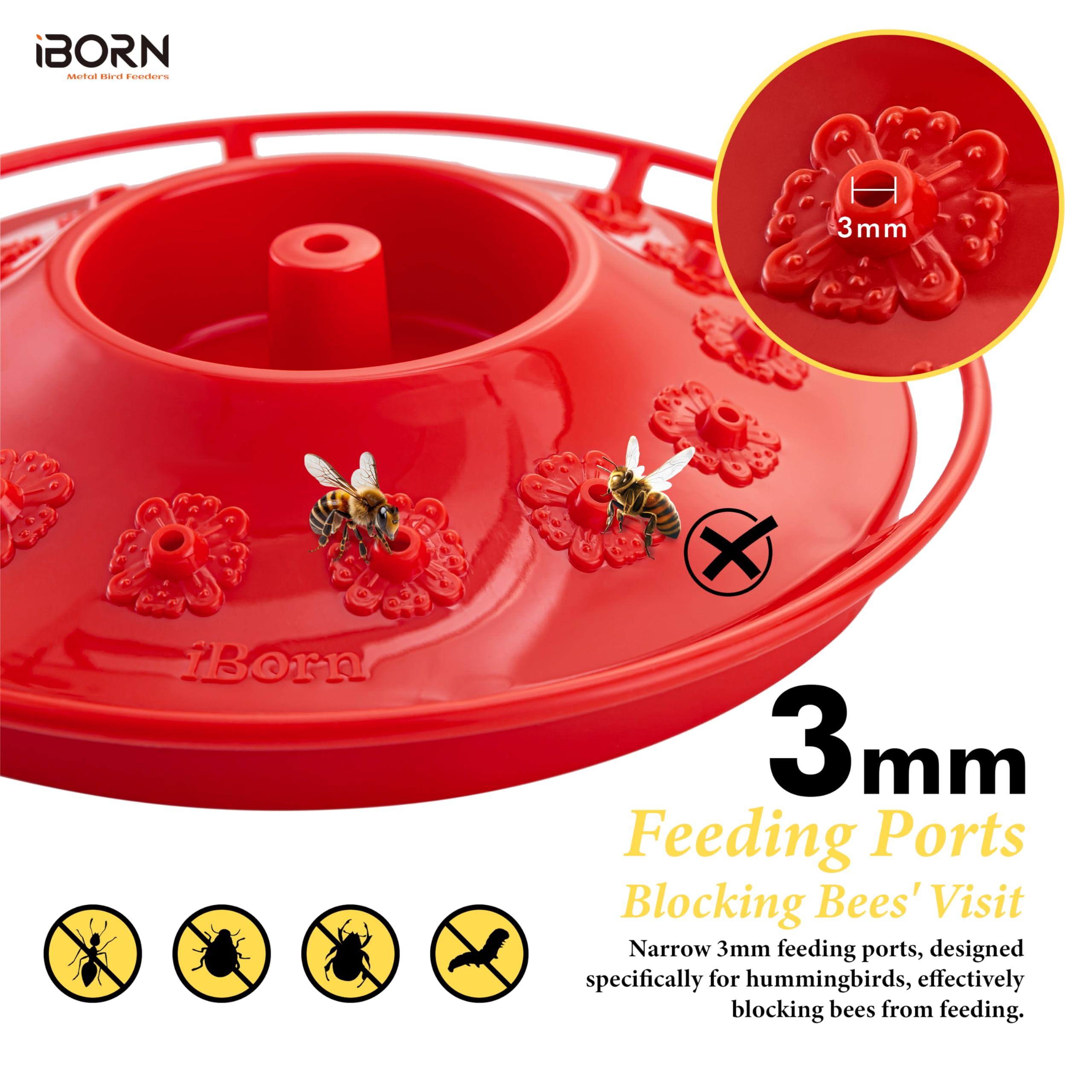 iBorn Hummingbird Feeder for Outdoors with Built-in Ant Moat, Bird Feeders with 14 Bee Guard Ports, Metal Hanging Hook & Easy-Clean Design, 13 OZ,2-Pack,Red