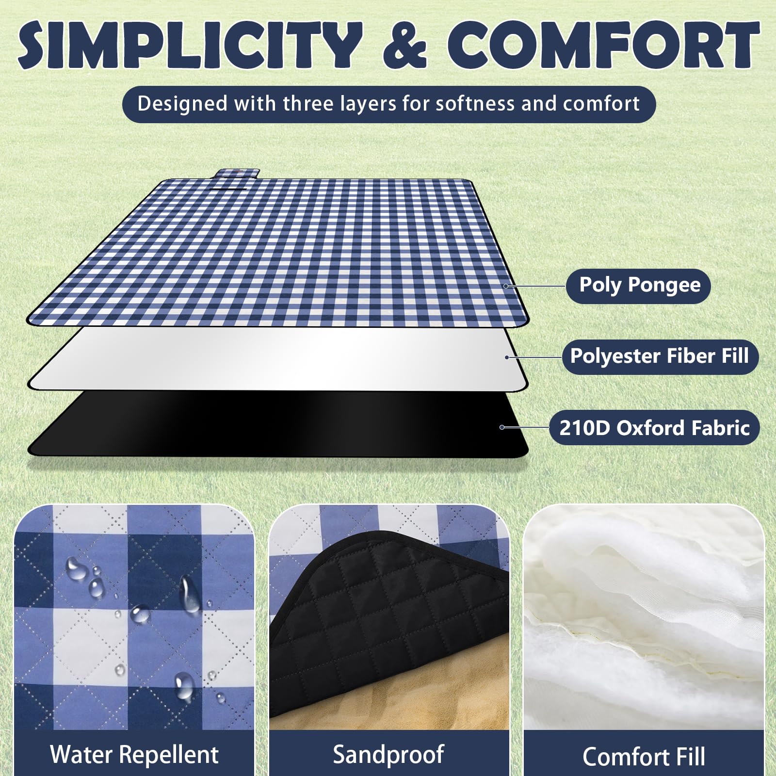 Ergohortus Picnic Blanket Waterproof, Extra Large Picnic Mat 79"X79", Sandproof Washable Camping Beach Blanket, Camping Accessories for Outdoor Activities, Blue
