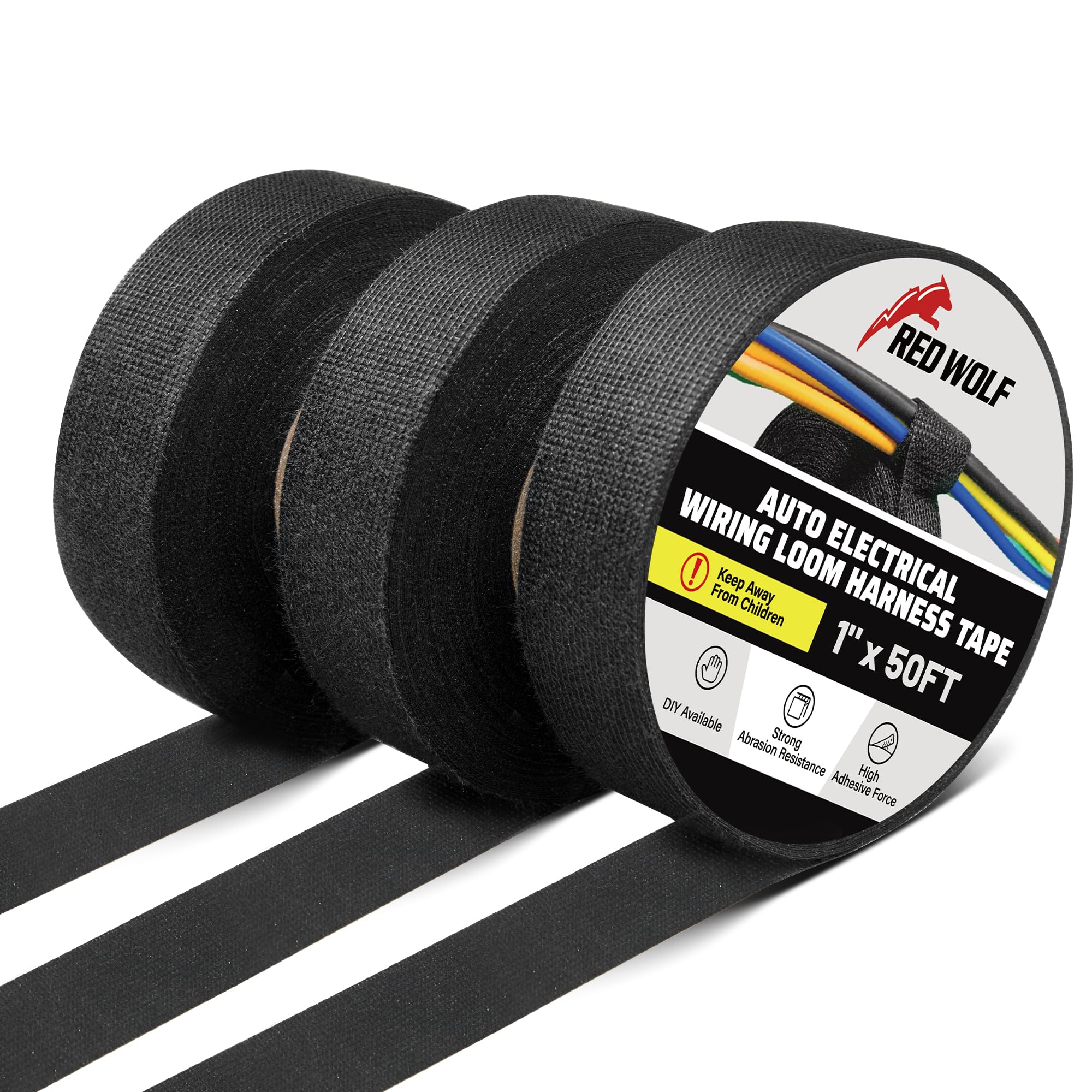 RED WOLF 1 Inch x 50 FT Wiring Harness Cloth Tape 3 Rolls Electric Wire Loom Harness Flexibility High Abrasion Resistance Adhesive for Automobile Electrical Engine Noise Dampening Insulation, Black