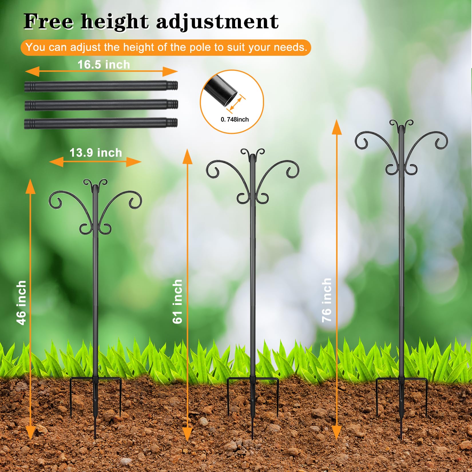 76" Shepherds Hooks for Outdoor with 5 Prong Base, Heavy-Duty Metal Bird Feeder Pole Stand for Hanging Plant, Flower Pots, Lanterns, Wind Chime, Weddings Decor
