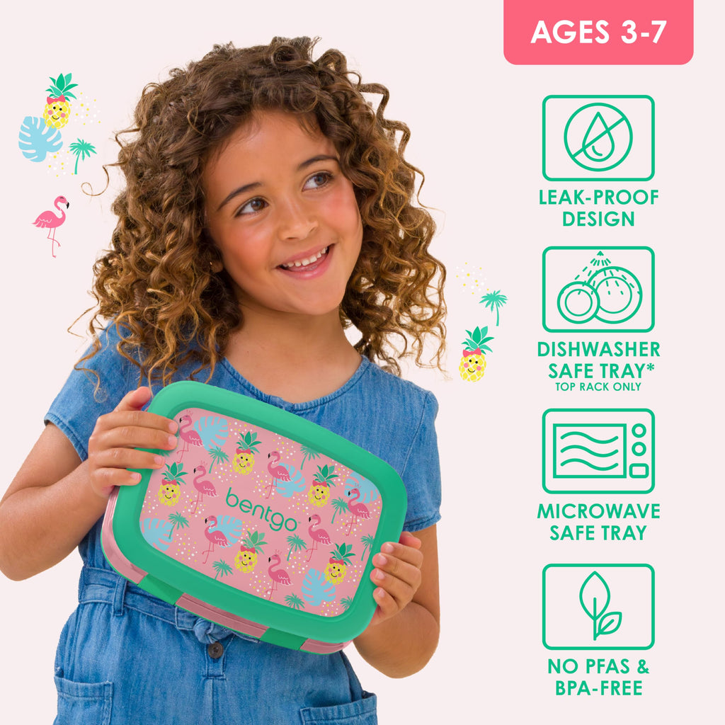 Bentgo Kids Prints Leak-Proof, 5-Compartment Bento-Style Kids Lunch Box - Ideal Portion Sizes for Ages 3 to 7 - BPA-Free, Dishwasher Safe, Food-Safe Materials (Tropical)