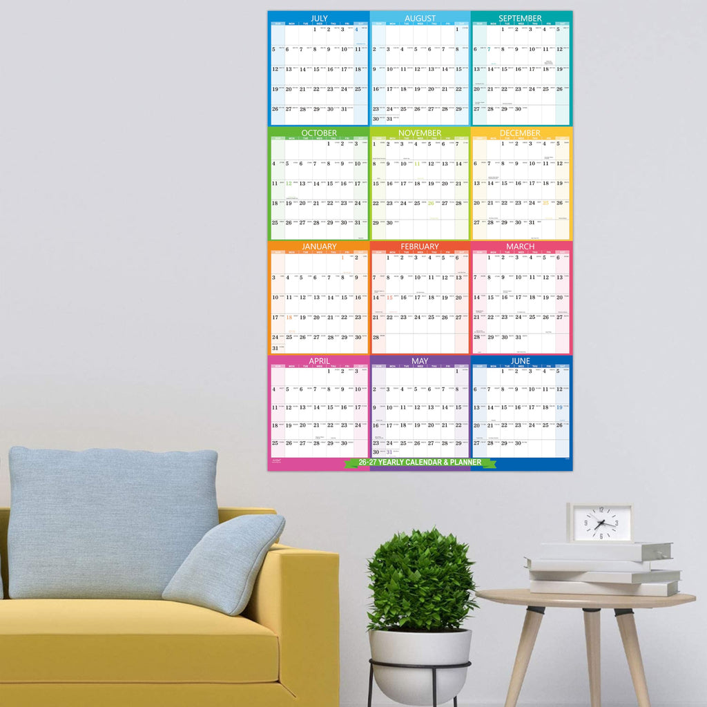 2026-2027 Yearly Wall Calendar - 2026-2027 Calendar, July 2026 - June 2027, Yearly Calendar/Planner, 34.3" x 22.8"(Open), Wall Calendars 26-27 with Double-Sided Round Sticks - Colorful