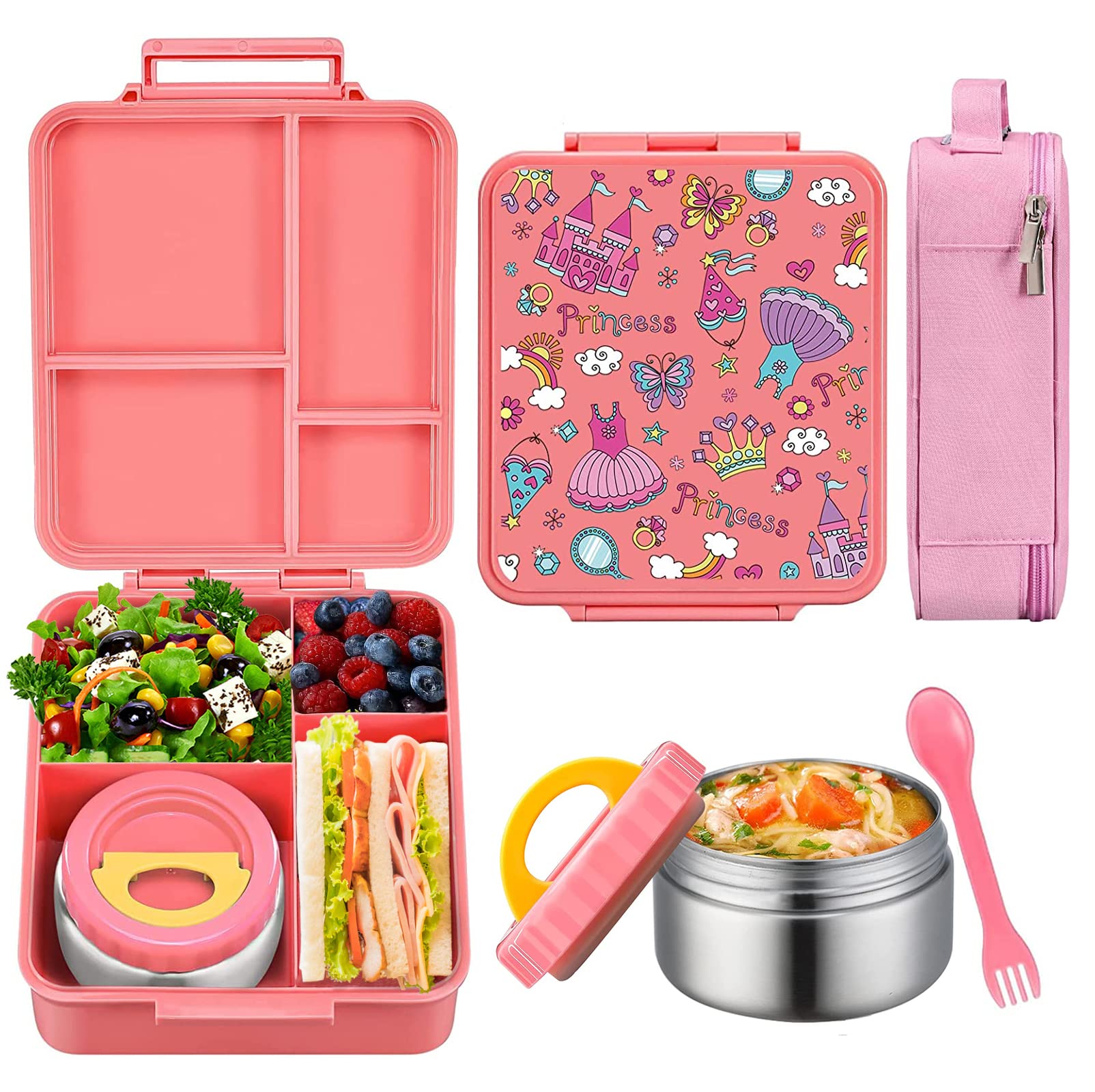 WAKSOX Bento Lunch Box Lunch Containers 4 Compartments with Soup Thermos for Hot and Cold Food Jar/Spoon/Lunch Bag Insulated Leak Proof for Girls