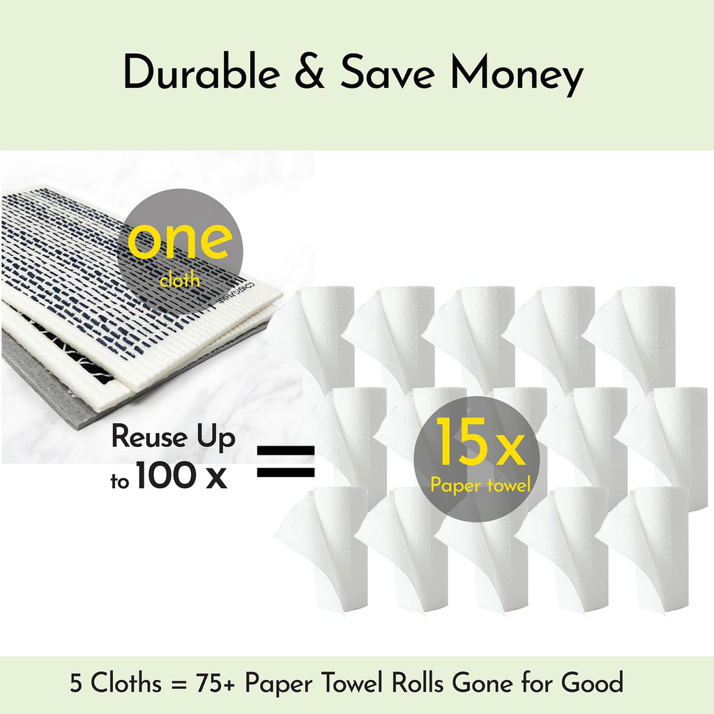 SIMPLYCASA Long 5‑Pack Swedish Dishcloths – Reusable, Cellulose Sponge Dish Cloths for Washing Dishes, Paper Towel Replacement, Plastic-Free Packaging, Super Absorbent