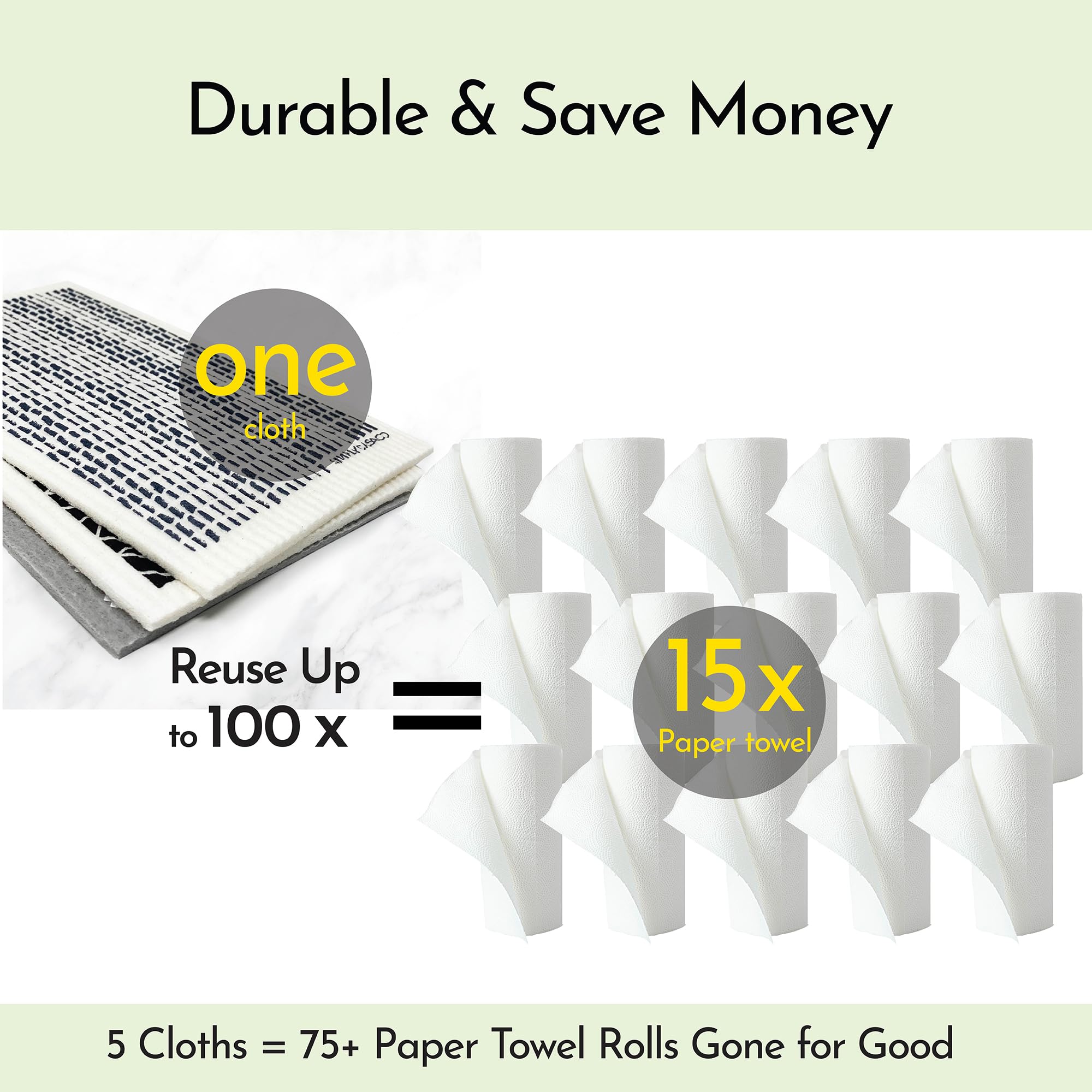 SIMPLYCASA Long 5‑Pack Swedish Dishcloths – Reusable, Cellulose Sponge Dish Cloths for Washing Dishes, Paper Towel Replacement, Plastic-Free Packaging, Super Absorbent