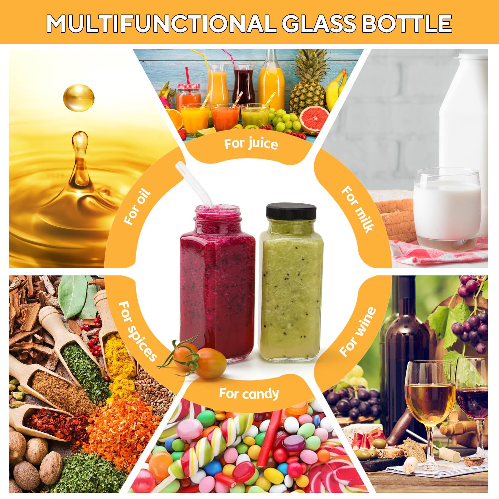6 Pack 8 oz 250ml Glass Juice Bottles with Lids, Reusable Glass Containers Drinking Glass Jars Small Glass Bottles for Smoothie, Juicer Shots, Milk, Water, Kombucha, School, Outdoor