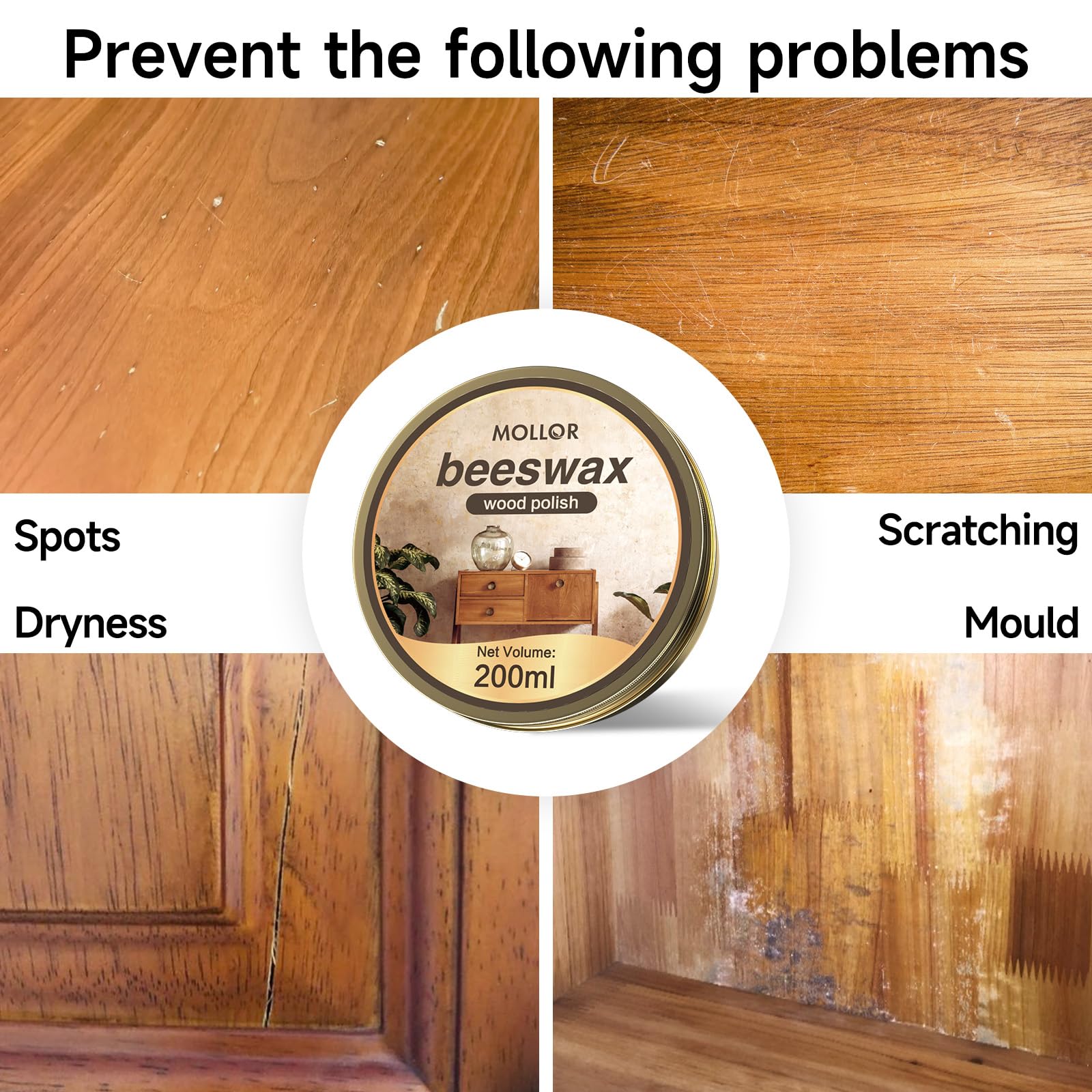MOLLOR Beeswax Furniture Polish, Cabinet and Table Restorer, Natural Wood Conditioner, Multipurpose Beeswax for Wooden Tools, Protects for a Perfect Finish Bees Wax Polish (1 x 200g with 1 Sponge)